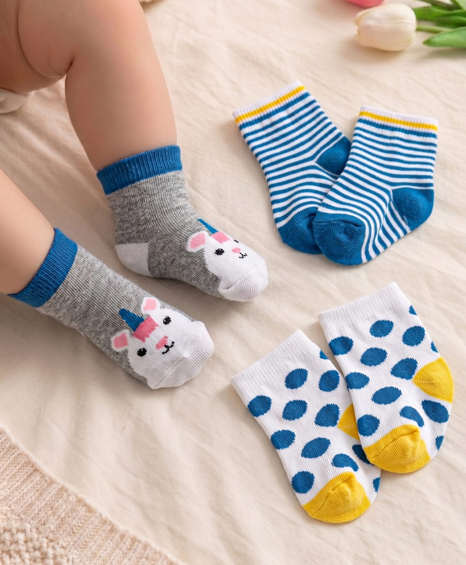 Cute Walk by Babyhug Knit Ankle Length Antibacterial Socks with Bear Design & Stripes Pack of 3 - White & Grey-picture-42