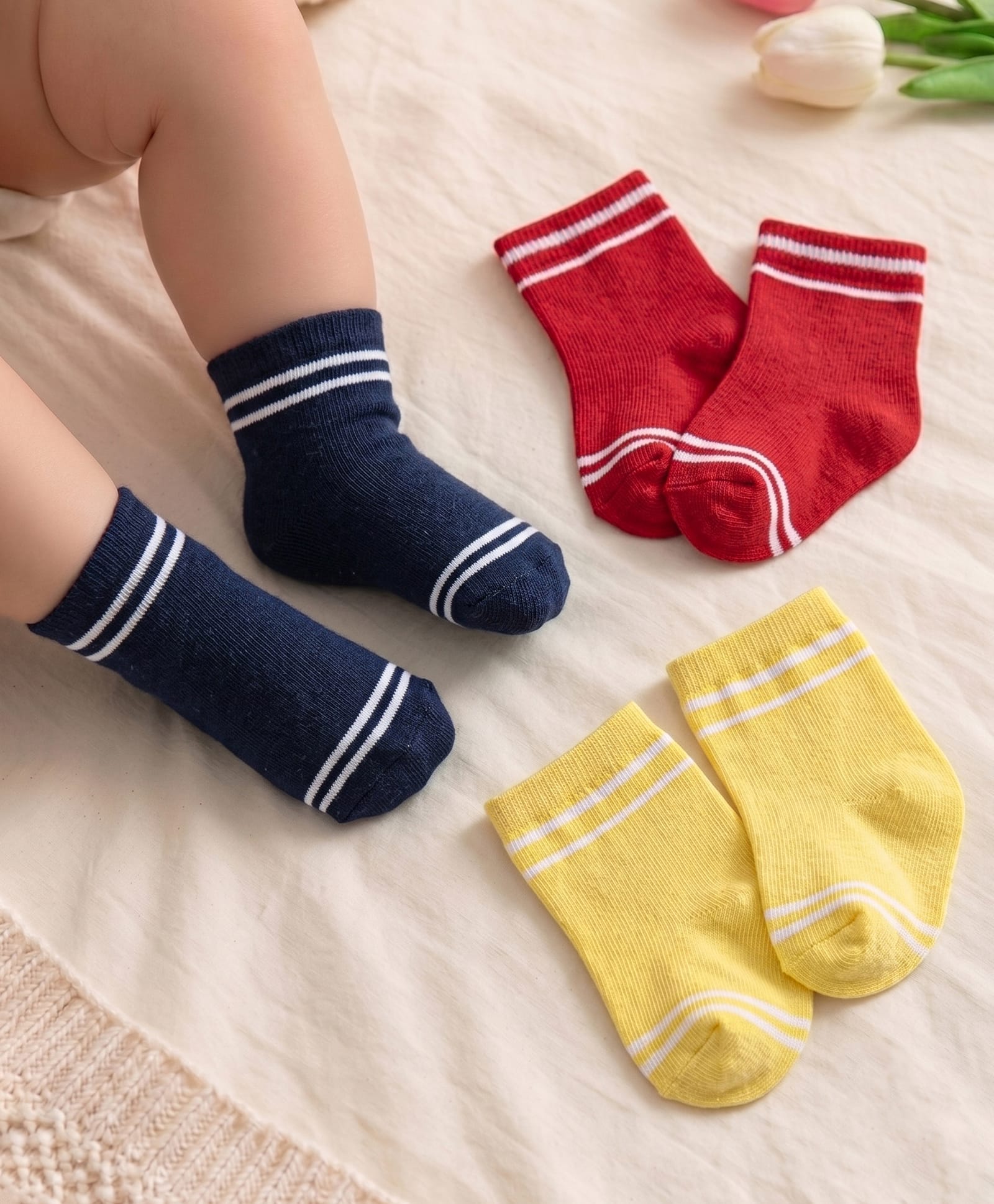 Cute Walk by Babyhug Cotton Lycra Knit Anti-bacterial Ankle Length Socks Stripe Design Pack of 3 - Black Yellow & Red-image-23
