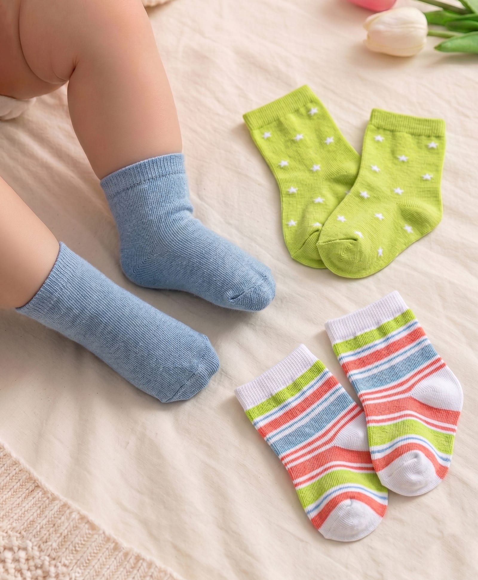 Cute Walk by Babyhug Knit Ankle Length Socks With Star Design Pack of 3 - Green & Grey-picture-22