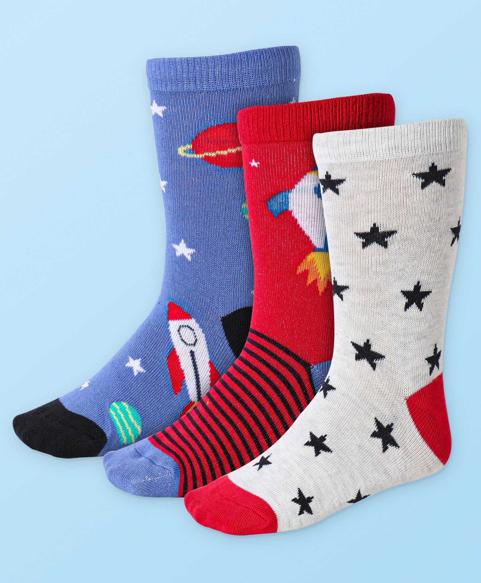Cute Walk by Babyhug Cotton Lycra Knit Anti-bacterial Ankle Length Socks Rocket & Stars Design Pack of 3 - Blue Red & Gray-image-39