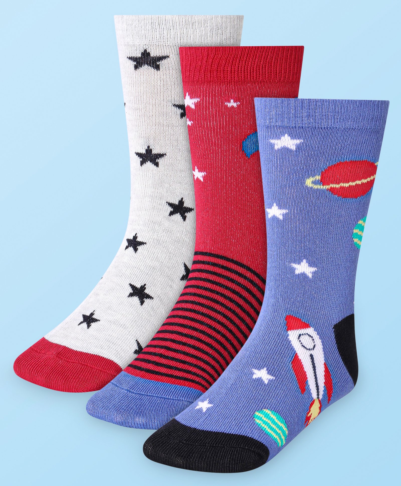 Cute Walk by Babyhug Cotton Lycra Knit Anti-bacterial Socks Strips Stars & Rocket Design Pack of 3 - White Red & Purple-image-41