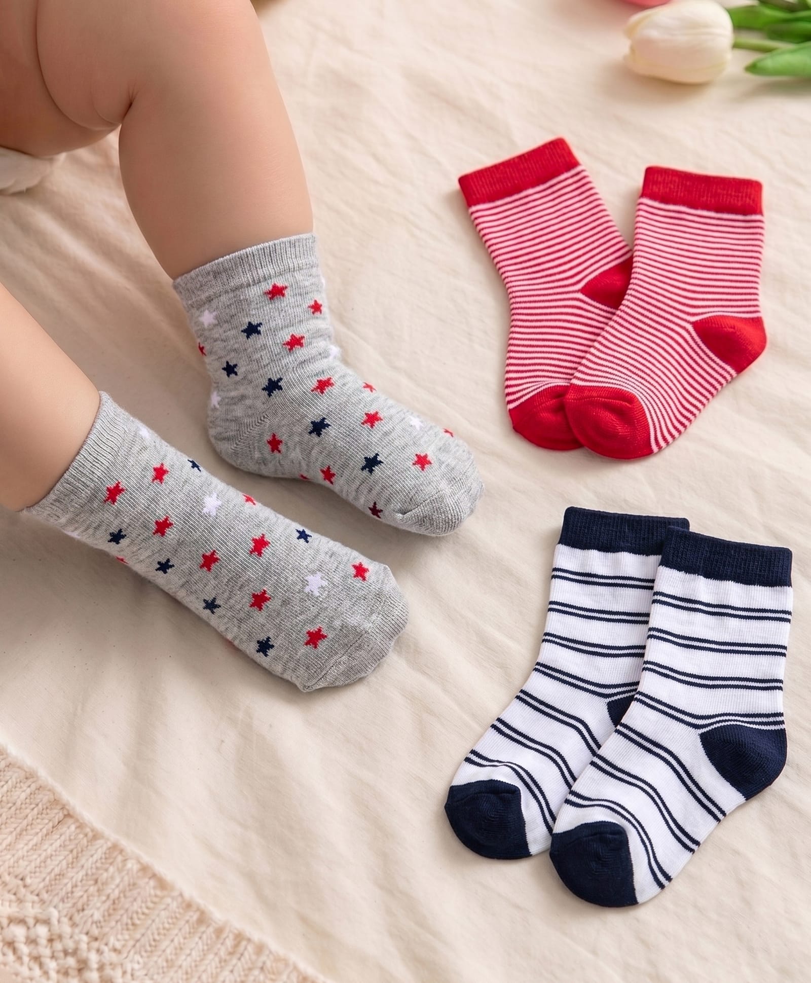 Cute Walk by Babyhug Knit Ankle Length Striped Socks With Star Design Pack of 3 - Red Black & Grey-picture-10