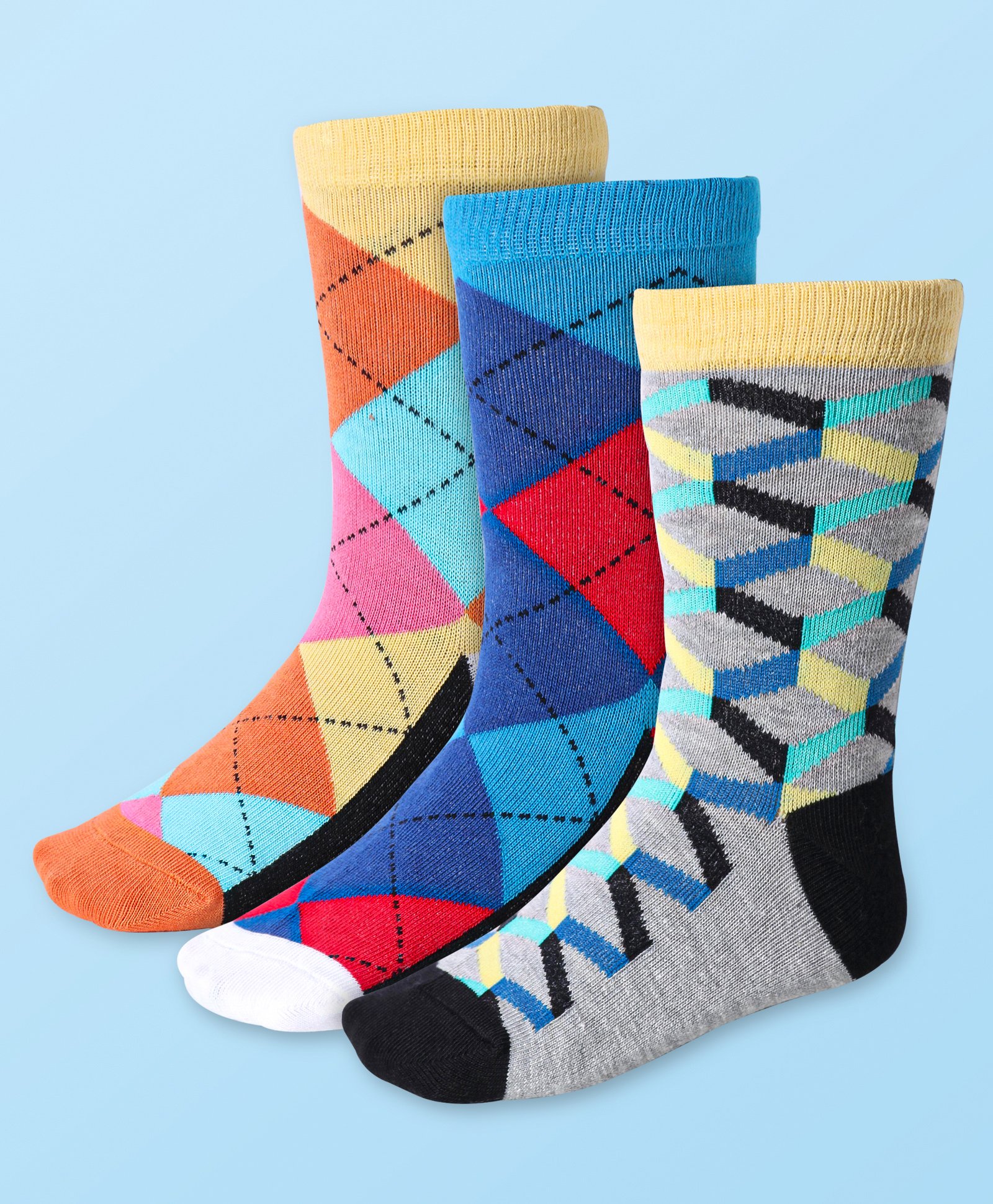 Cute Walk by Babyhug Cotton Lycra Knit Anti-bacterial Ankle Length Socks Geometric Design Pack of 3 - Blue Yellow & Gray-image-19