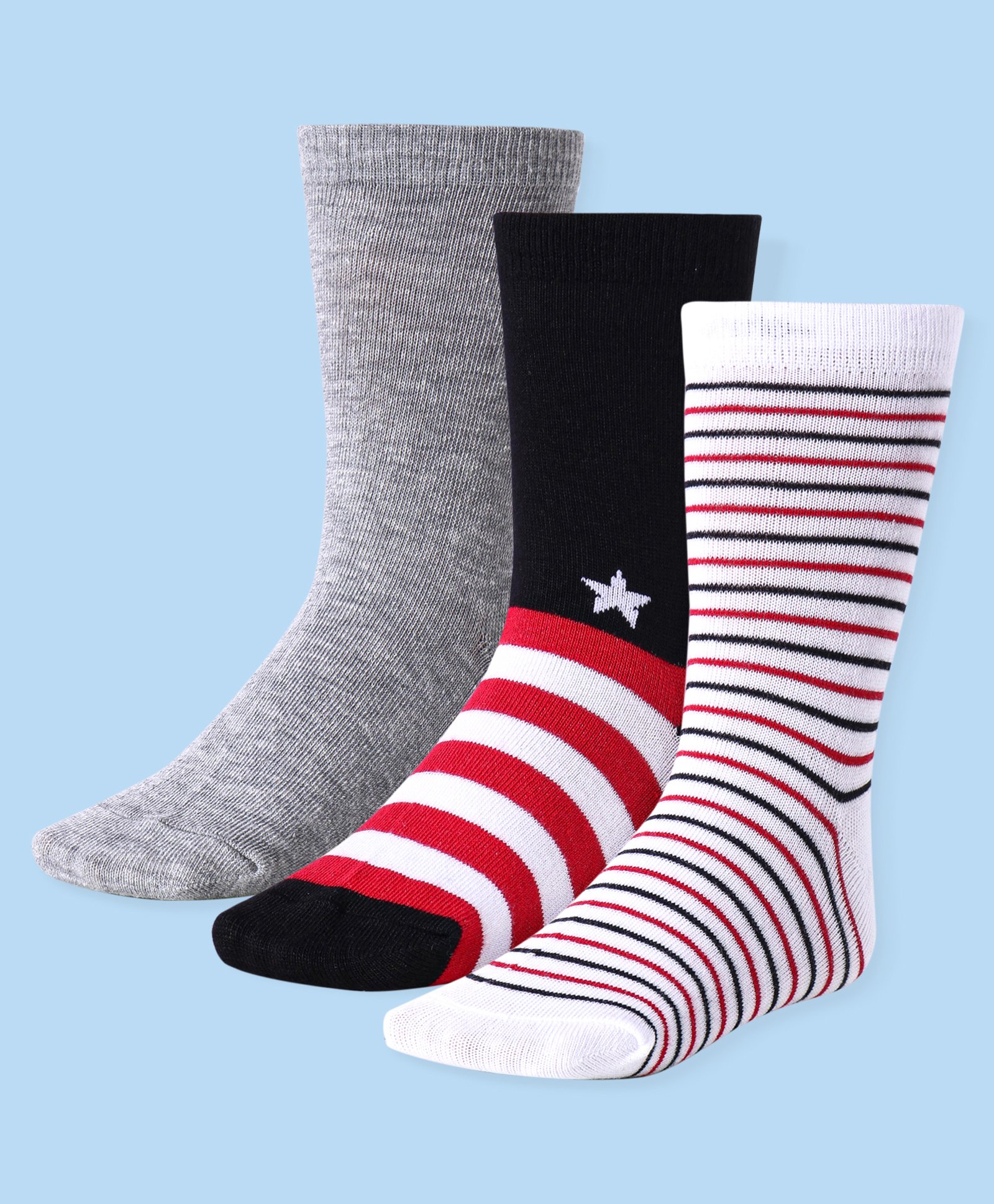 Cute Walk by Babyhug Cotton Lycra Knit Anti-bacterial Socks Solid Stars & Strips Design Pack of 3 - Grey Black & White-image-18