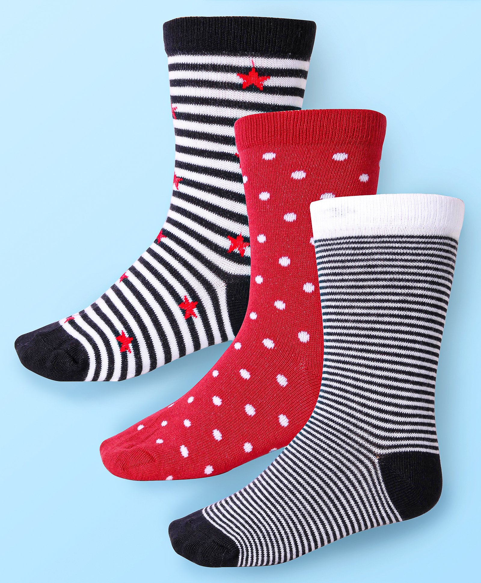 Cute Walk by Babyhug Cotton Lycra Knit Anti-bacterial Socks Polka Dots Strips & Stars Design Pack of 3 - Red Black & White-image-42