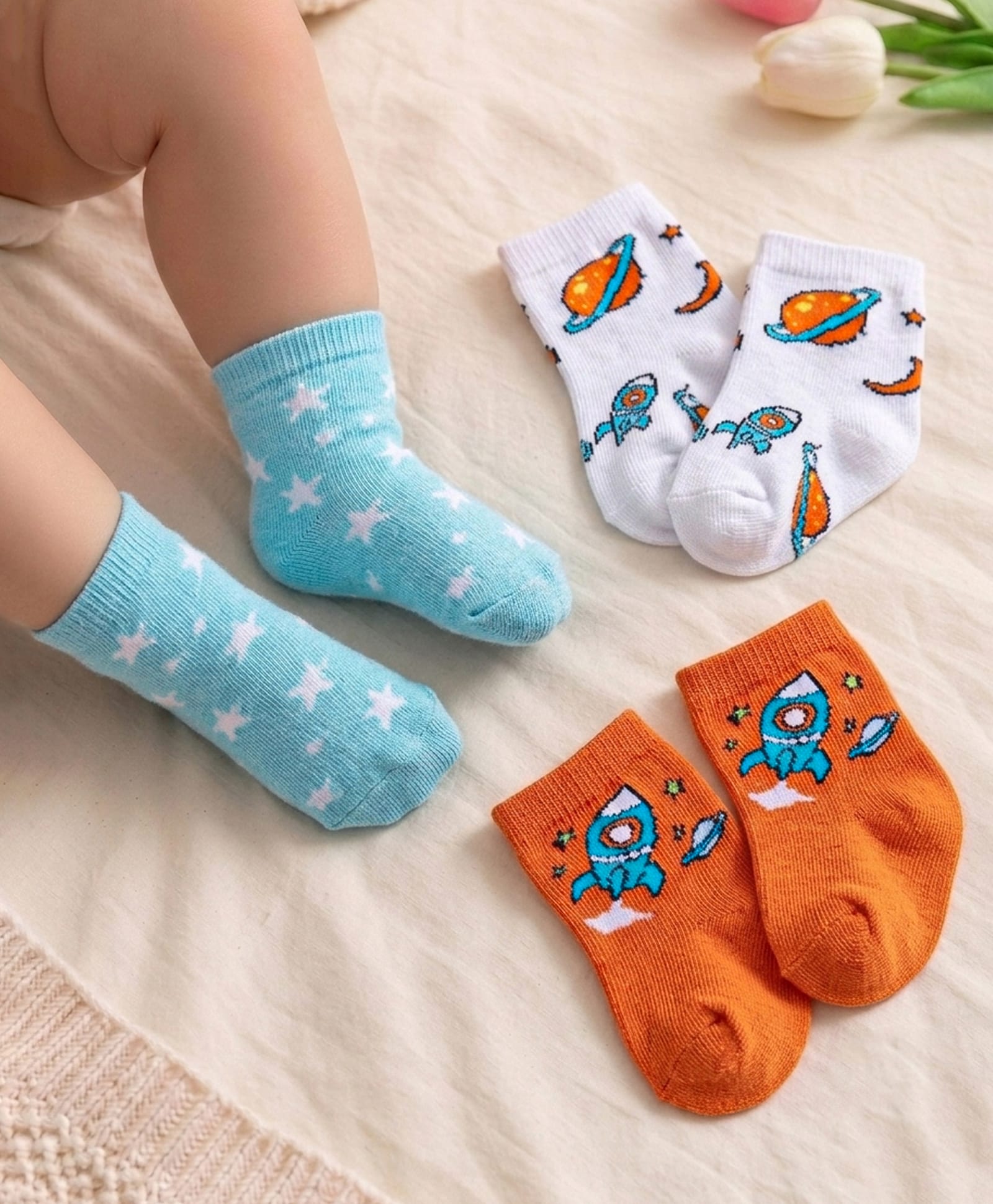 Cute Walk by Babyhug Knit Ankle Length Socks With Space Theme Design Pack of 3 - Orange White & Light Blue-image-11