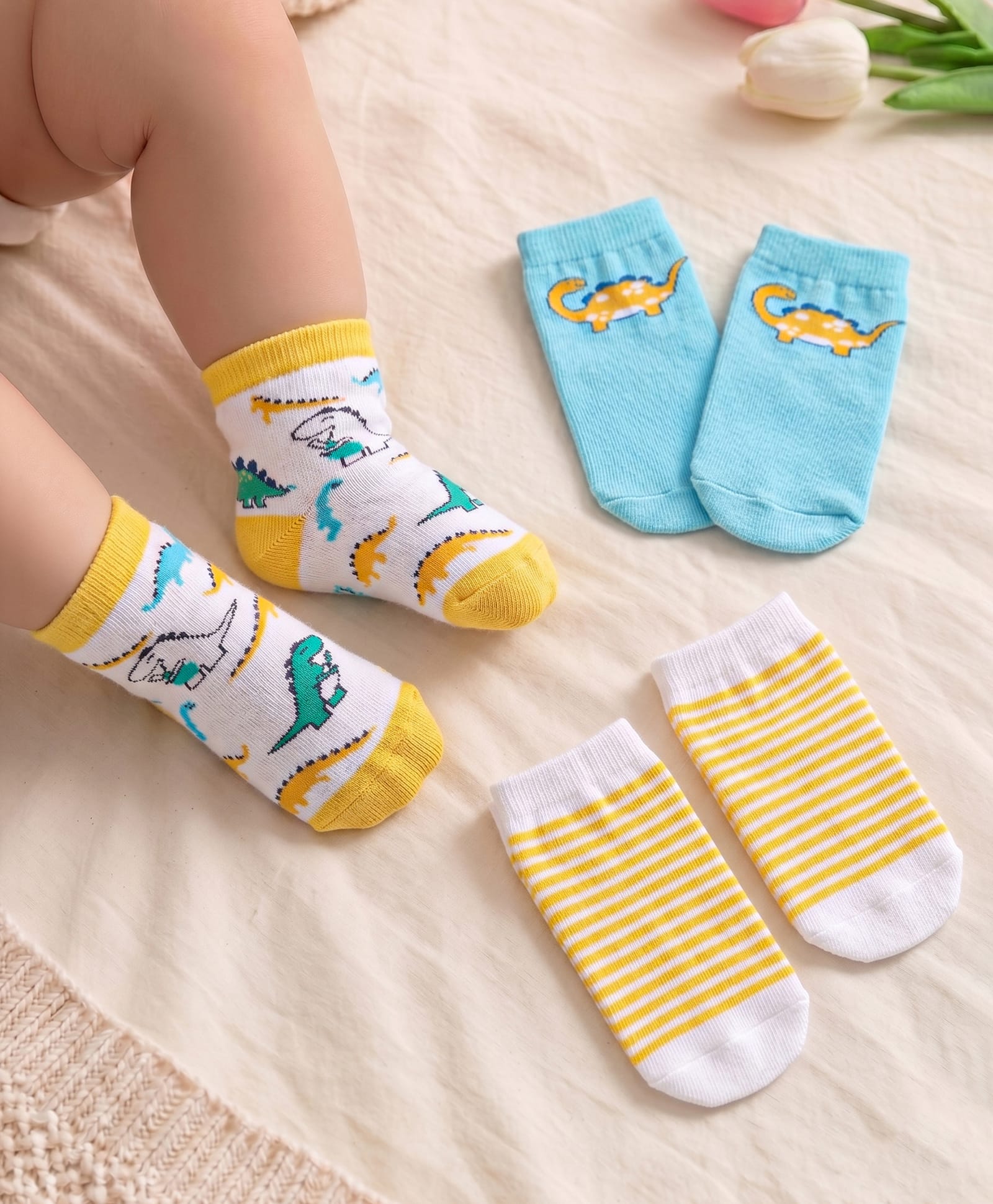 Cute Walk by Babyhug Cotton Knit Antibacterial Ankle Length Socks With Striped & Dino Print - Yellow & Sky Blue-image-22