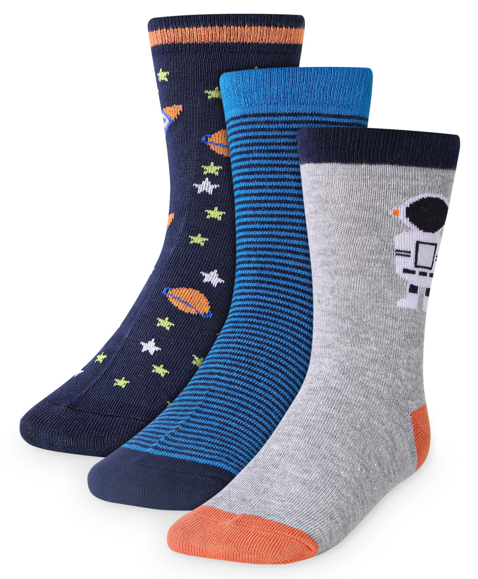 Cute Walk by Babyhug Cotton Lycra Knit Anti-bacterial Socks Strips Stars & Astronaut Design Pack of 3 - Blue Black & Gray-image-21