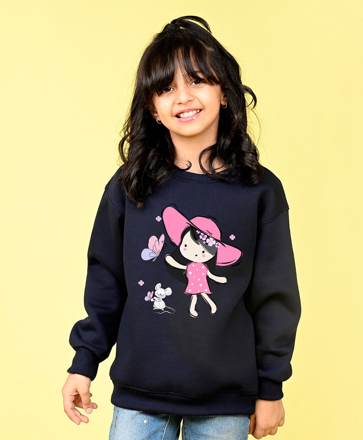 NUSYL Fleece Full Sleeves Butterfly Printed Oversized Sweatshirt - Navy Blue-picture-16