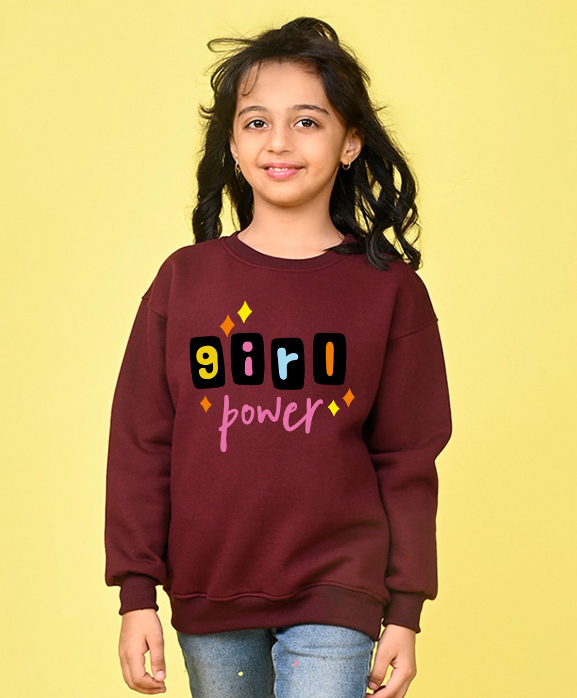 NUSYL Fleece Full Sleeves Girl Power Text Printed Round Neck Oversized Sweatshirt - Burgundy-image-40