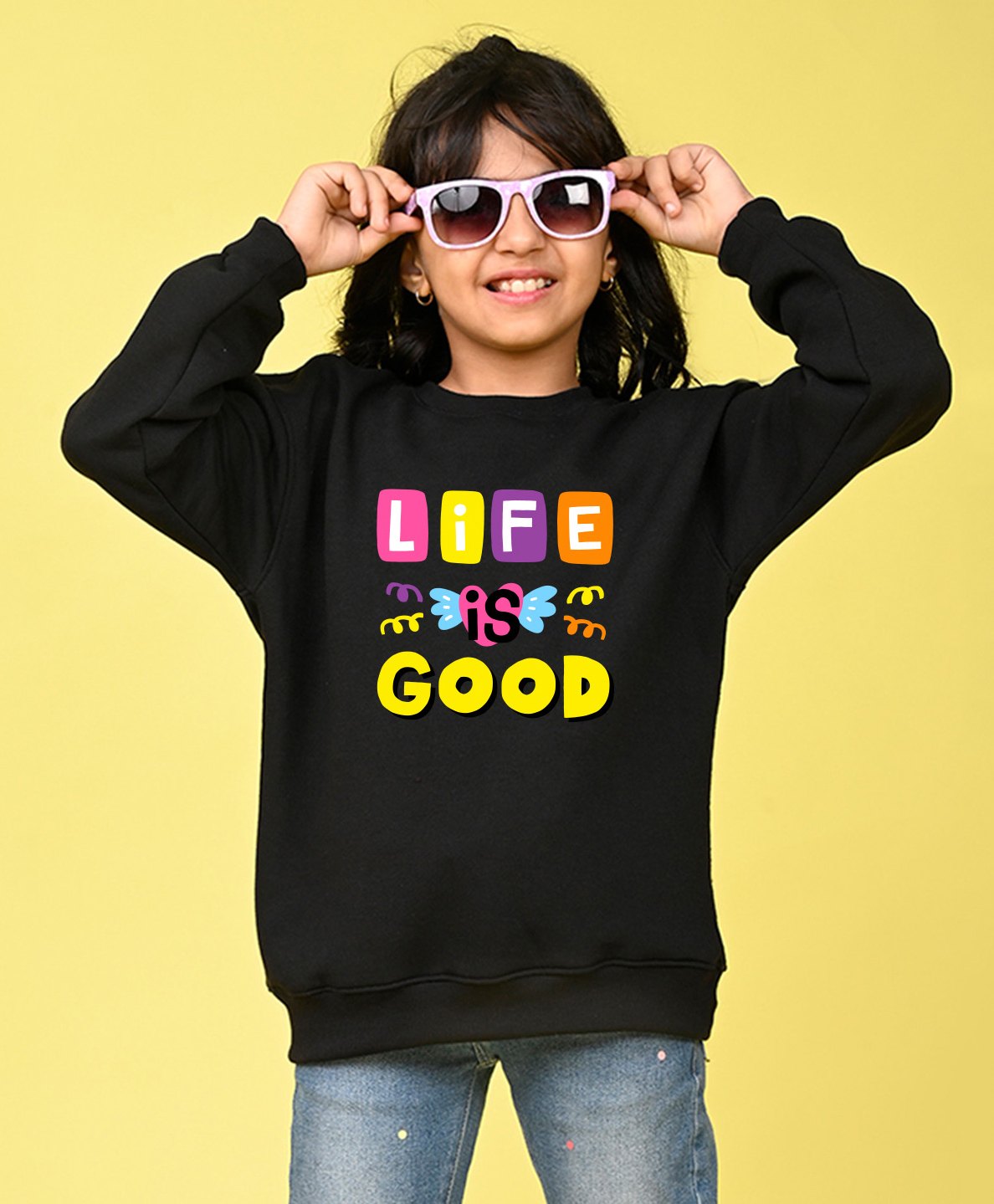 NUSYL Fleece Full Sleeves Life Is Good Text Printed  Oversized Sweatshirt - Black-image-38