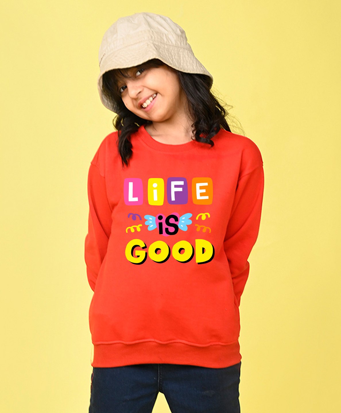 NUSYL Fleece Full Sleeves Life Is Good Text Printed  Oversized Sweatshirt - Red-picture-35