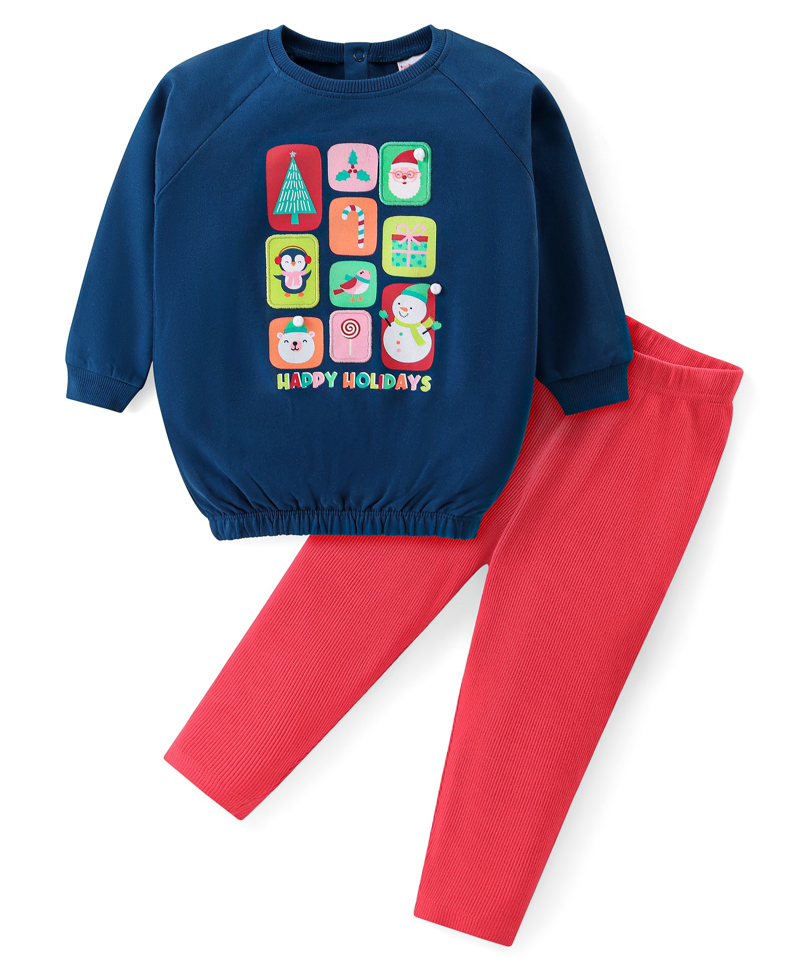 Babyhug Cotton Knit Full Sleeves Top & Leggings Set With Christmas Theme Print - Navy & Red-picture-33