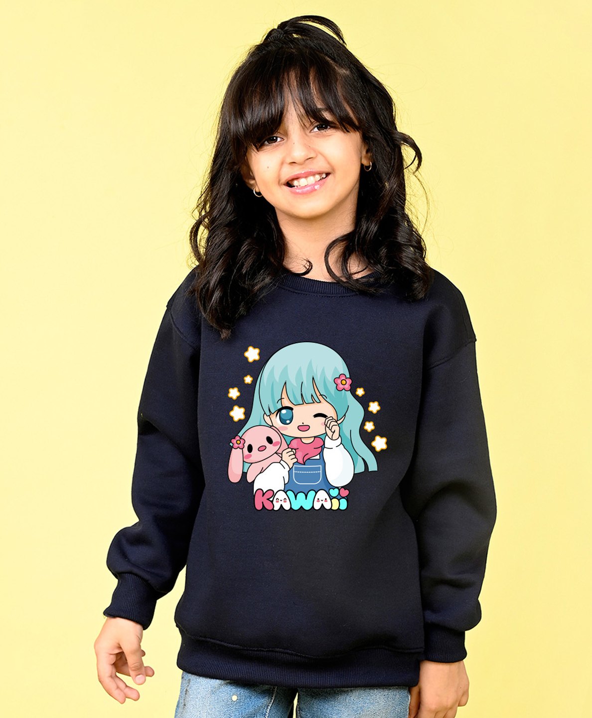 NUSYL Fleece Full Sleeves Kawaii Text Printed Oversized Sweatshirt - Navy Blue-picture-30