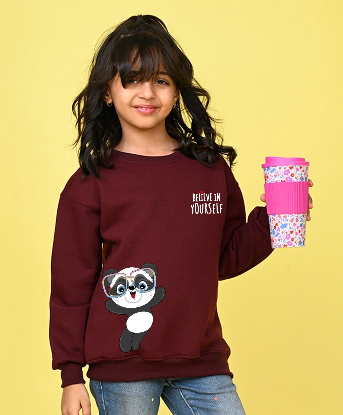 NUSYL Fleece Full Sleeves Believe In Yourself Text & Panda Printed Oversized Sweatshirt - Burgundy-picture-44