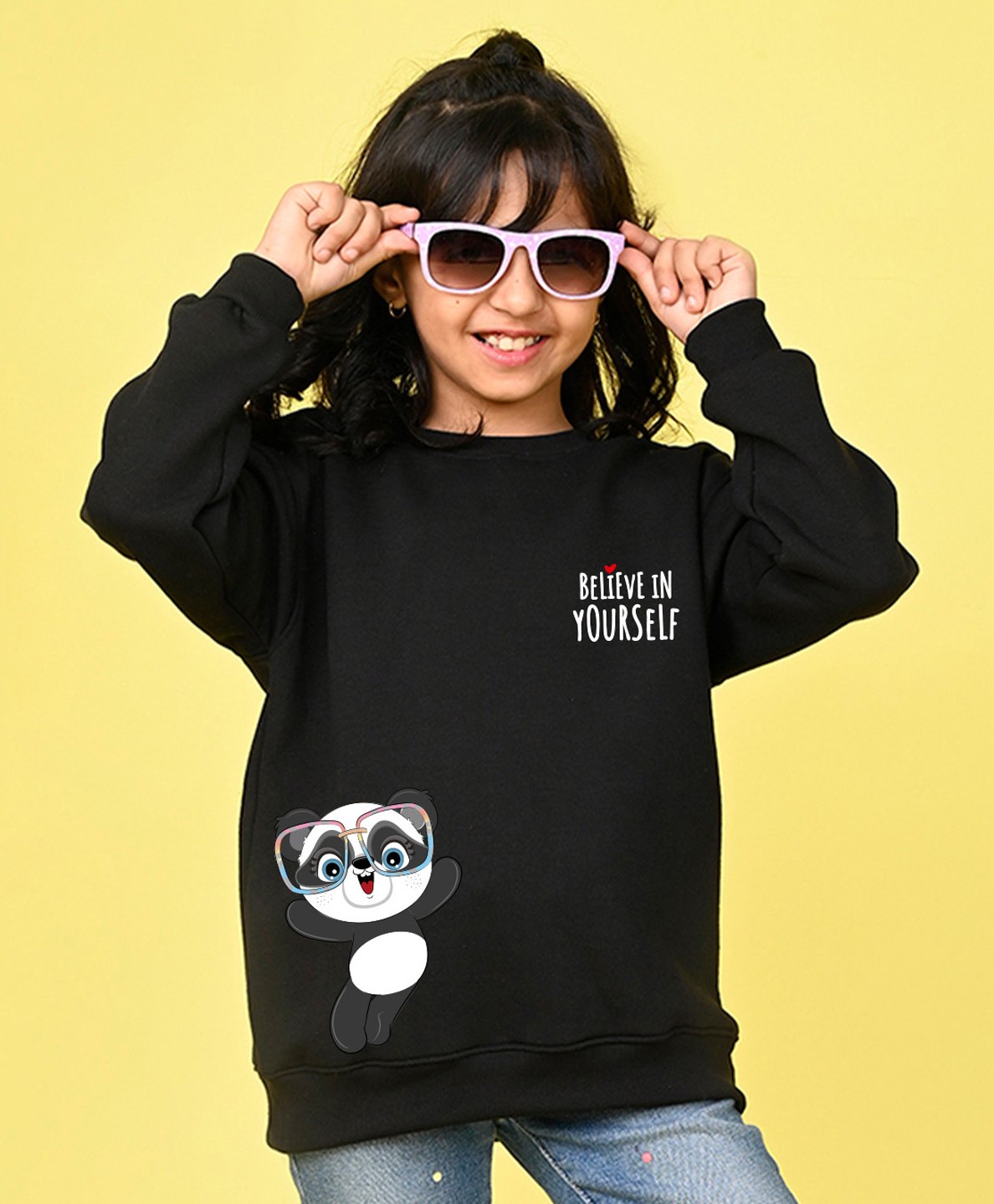 NUSYL Fleece Full Sleeves Believe In Yourself Text & Panda Printed Oversized Sweatshirt - Black-picture-12