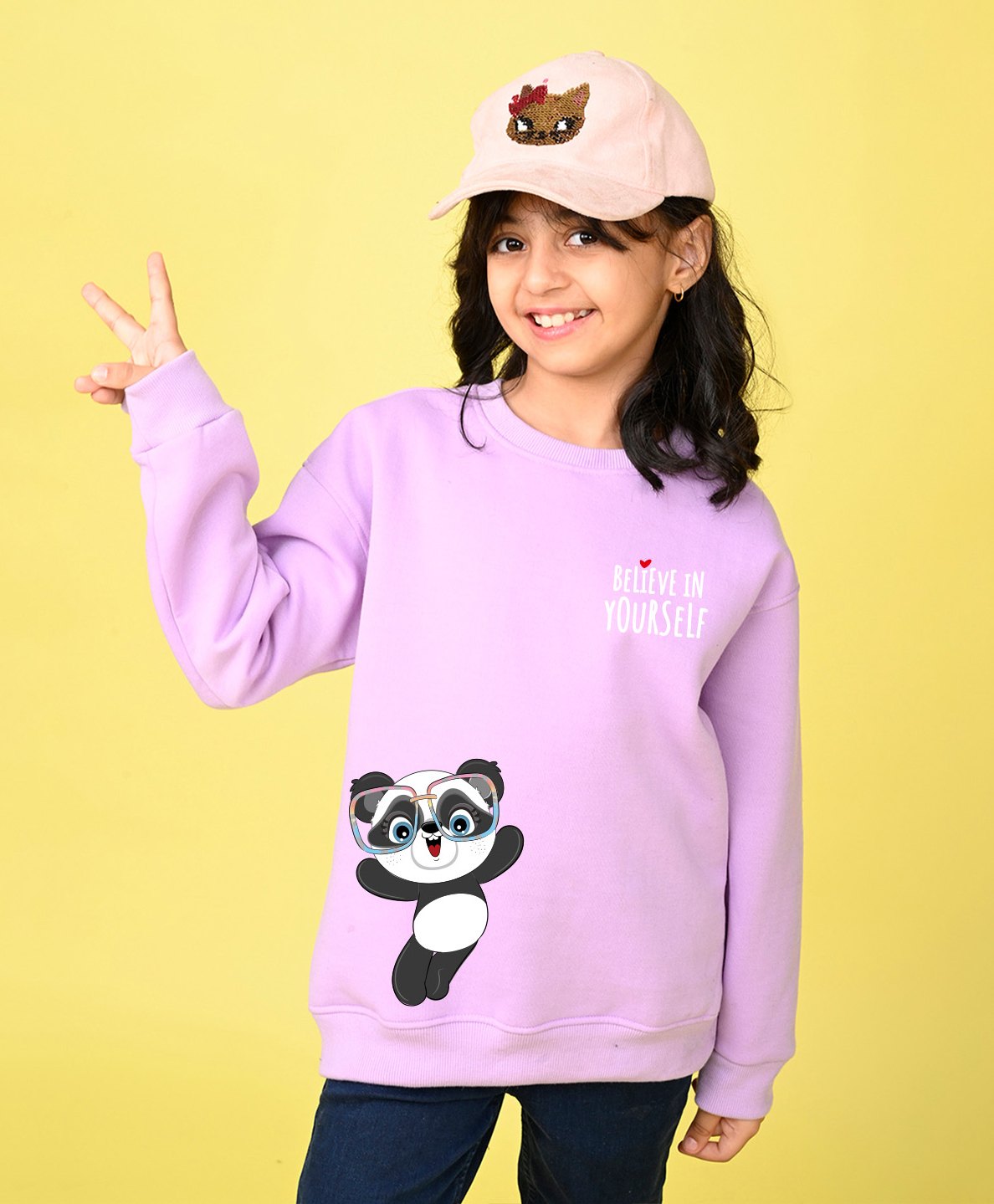 NUSYL Fleece Full Sleeves Believe In Yourself Text & Panda Printed Oversized Sweatshirt - Lilac-picture-34