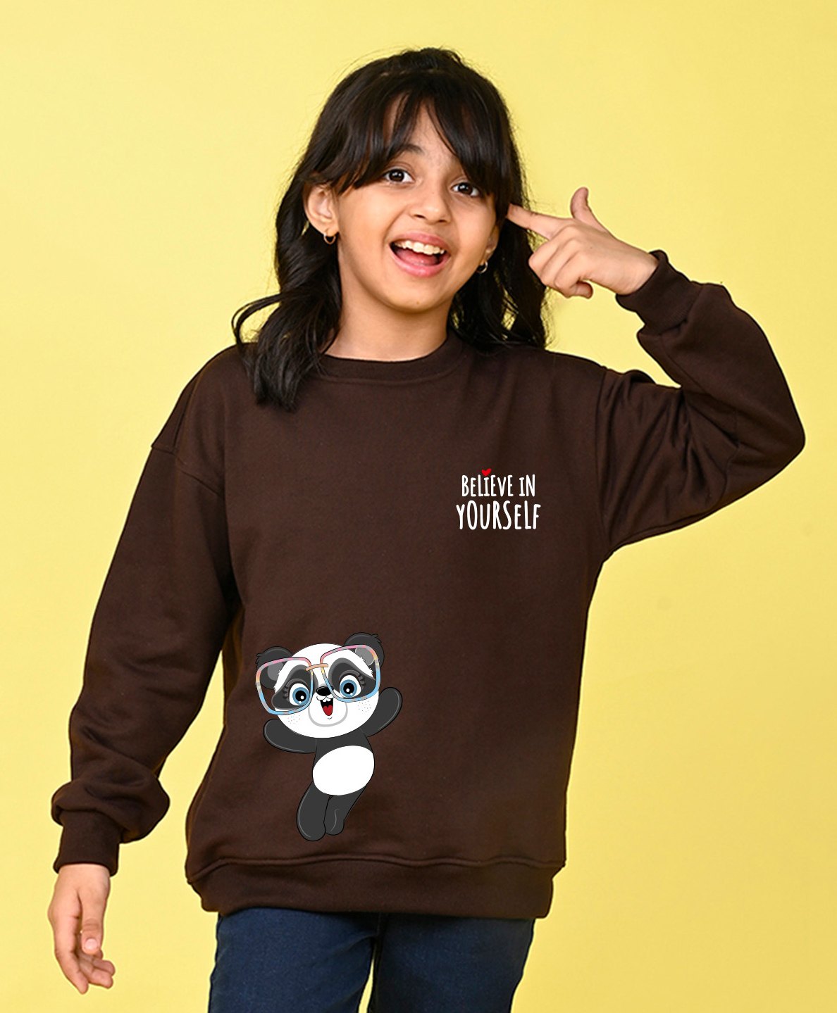 NUSYL Fleece Full Sleeves Believe In Yourself Text & Panda Printed Oversized Sweatshirt - Brown-image-12