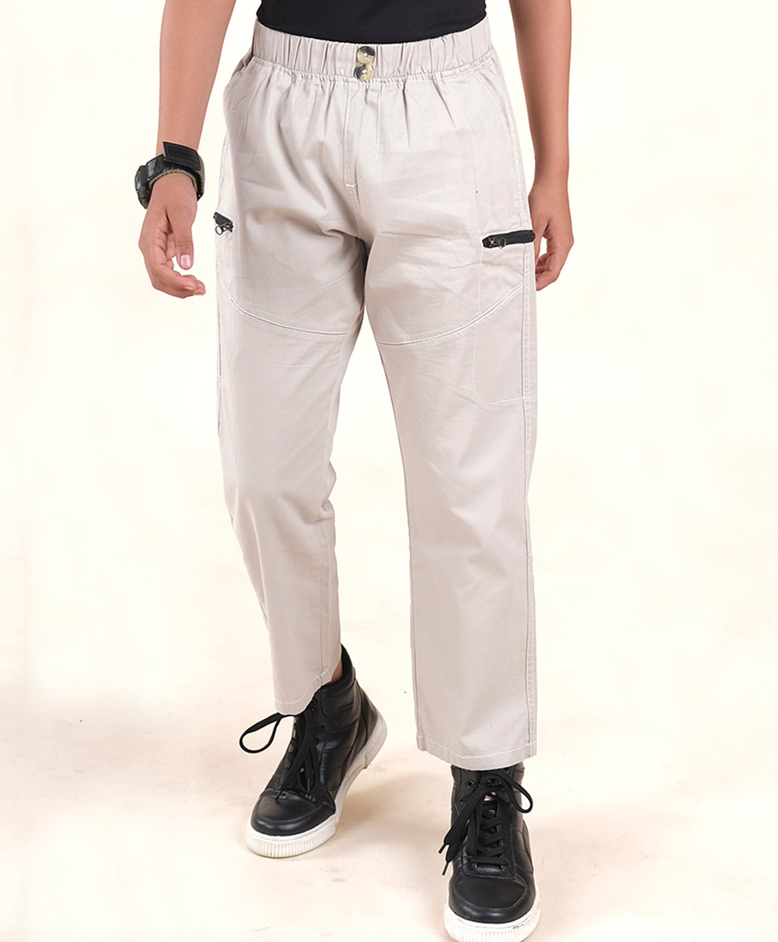 Kiddopanti Cotton Elastane Full Length Solid Cargo Pant - Beige-picture-25