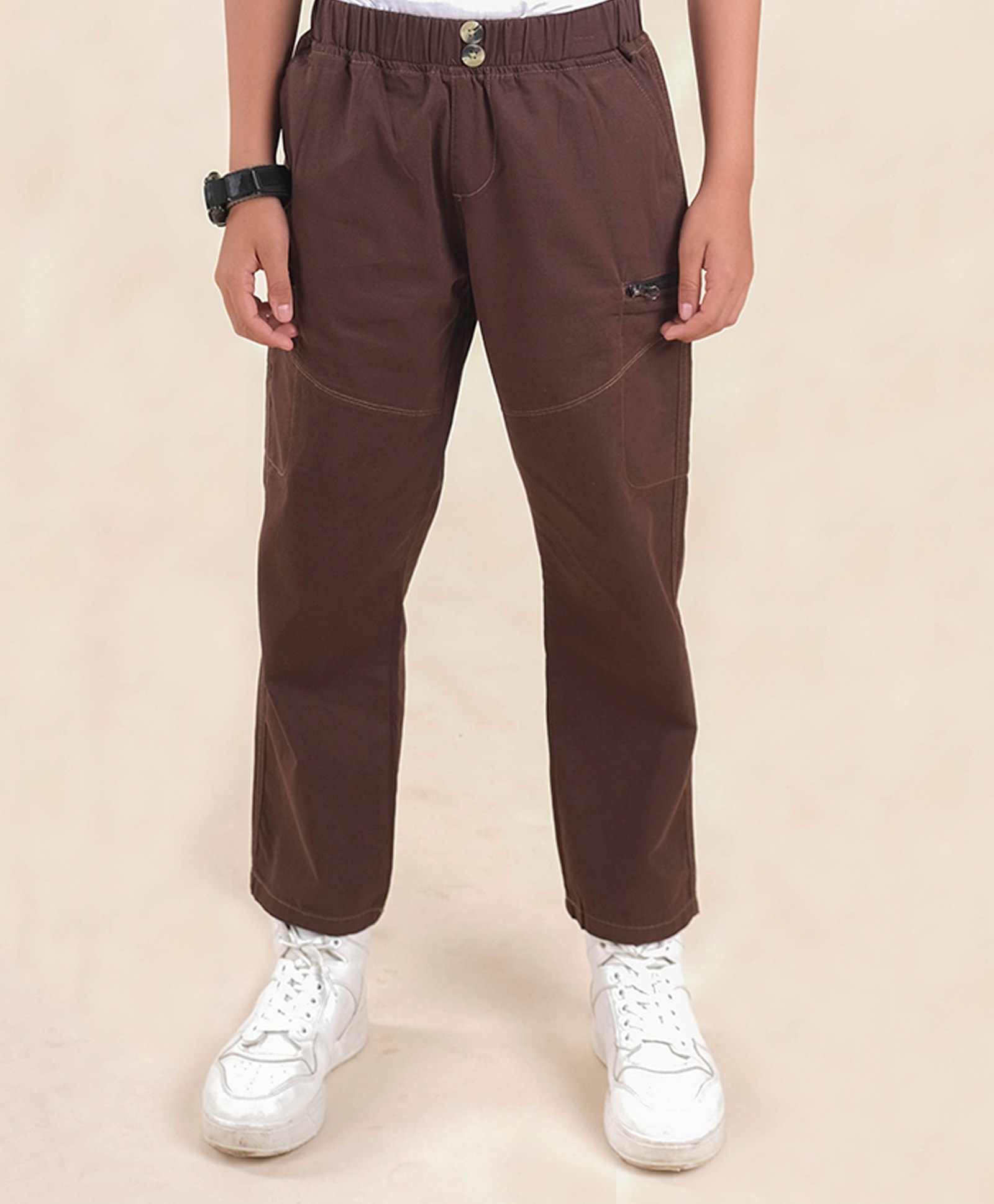 Kiddopanti Cotton Elastane Full Length Solid Cargo Pant - Brown-picture-31