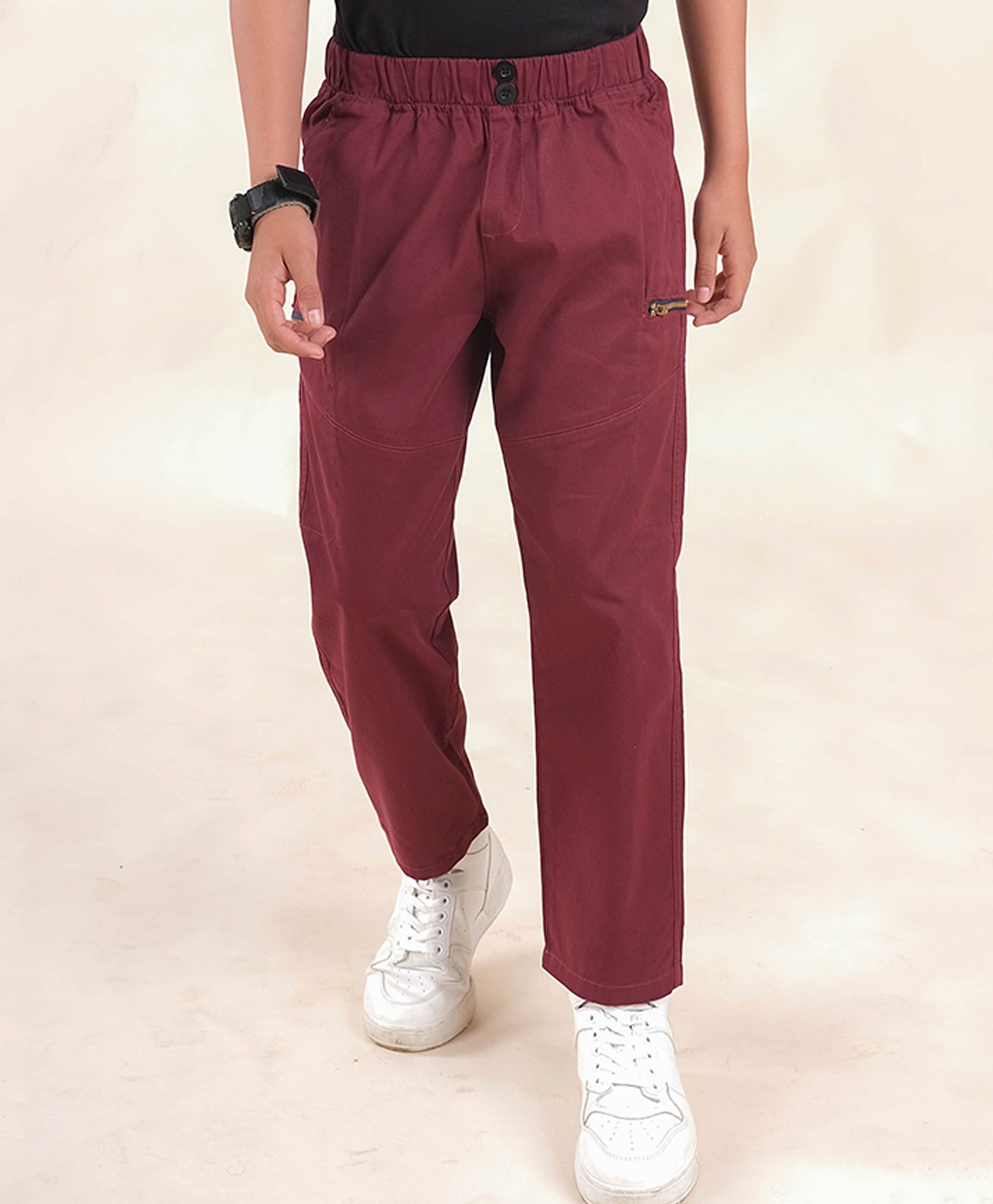 Kiddopanti Cotton Elastane Full Length Solid Cargo Pant - Maroon-picture-15