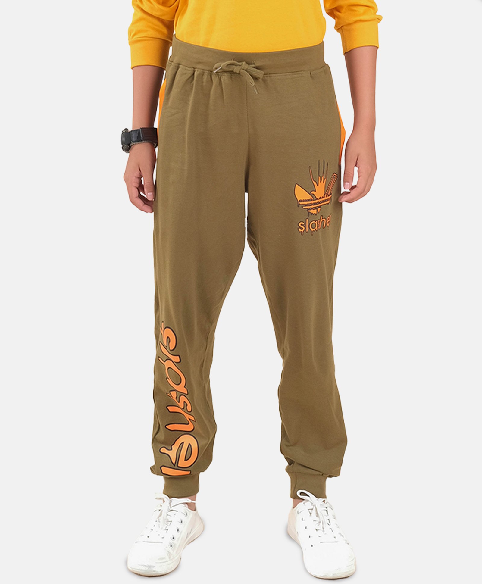 Kiddopanti Cotton Slasher Text Printed Track Pants - Military Green-image-5