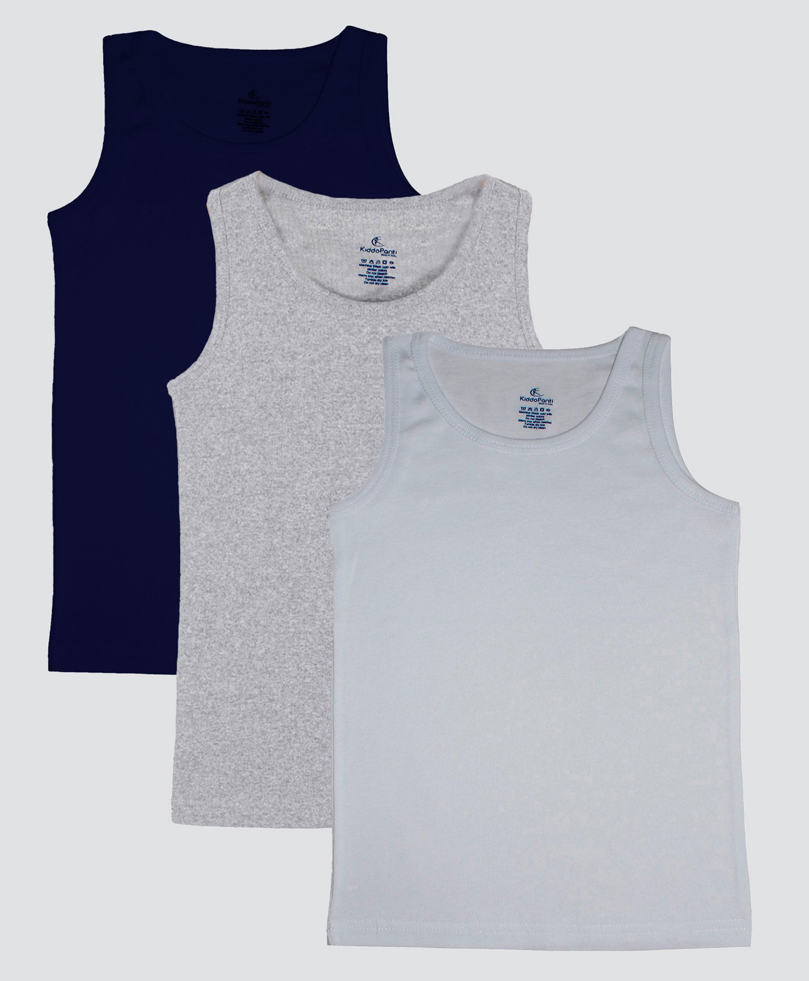Kiddopanti Pack Of 3 Sleeveless Solid Vests - Navy Blue Grey Melange & White-image-23