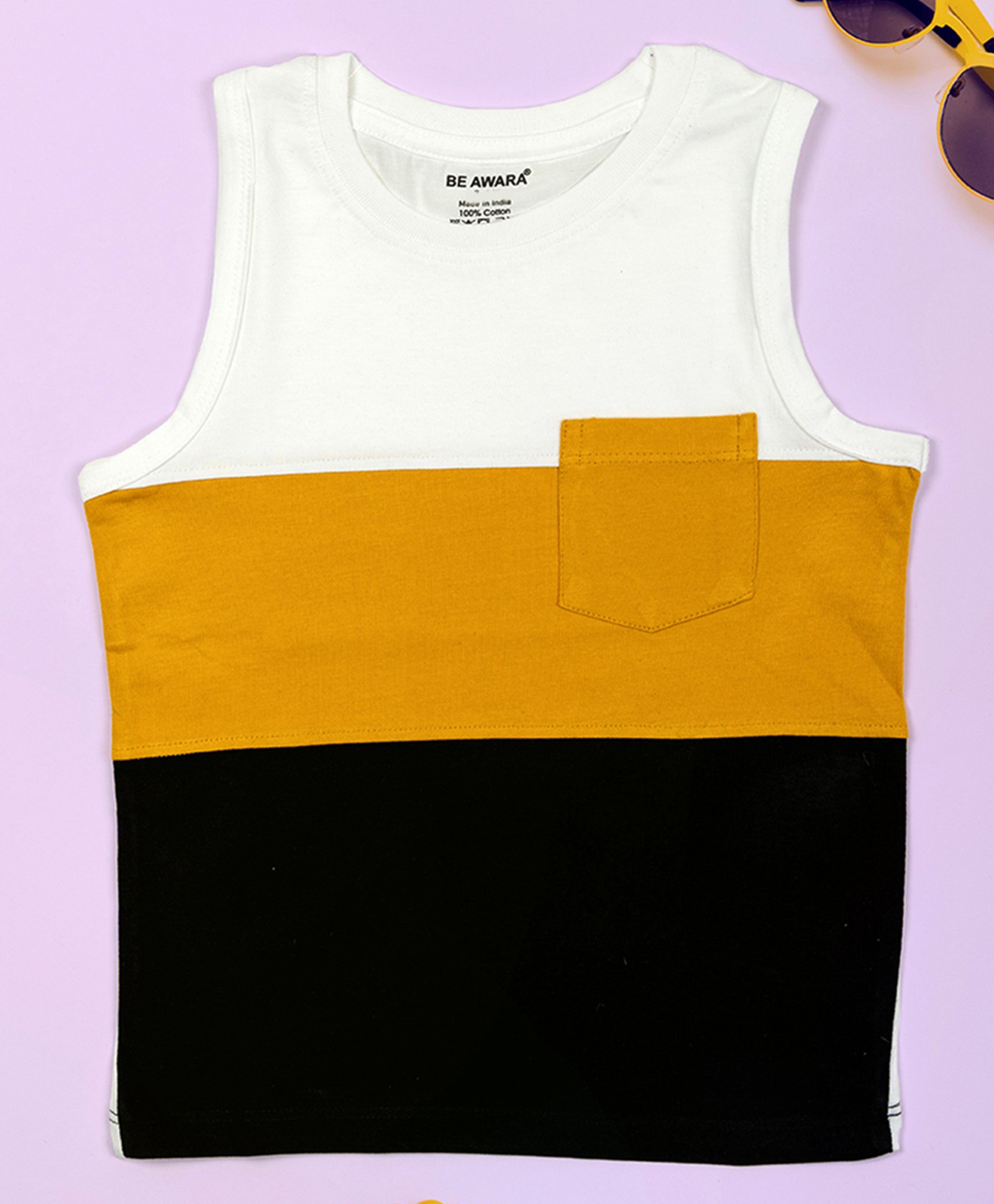 Be Awara Cotton Sleeveless Color Bocked Tank Top - Yellow-picture-10