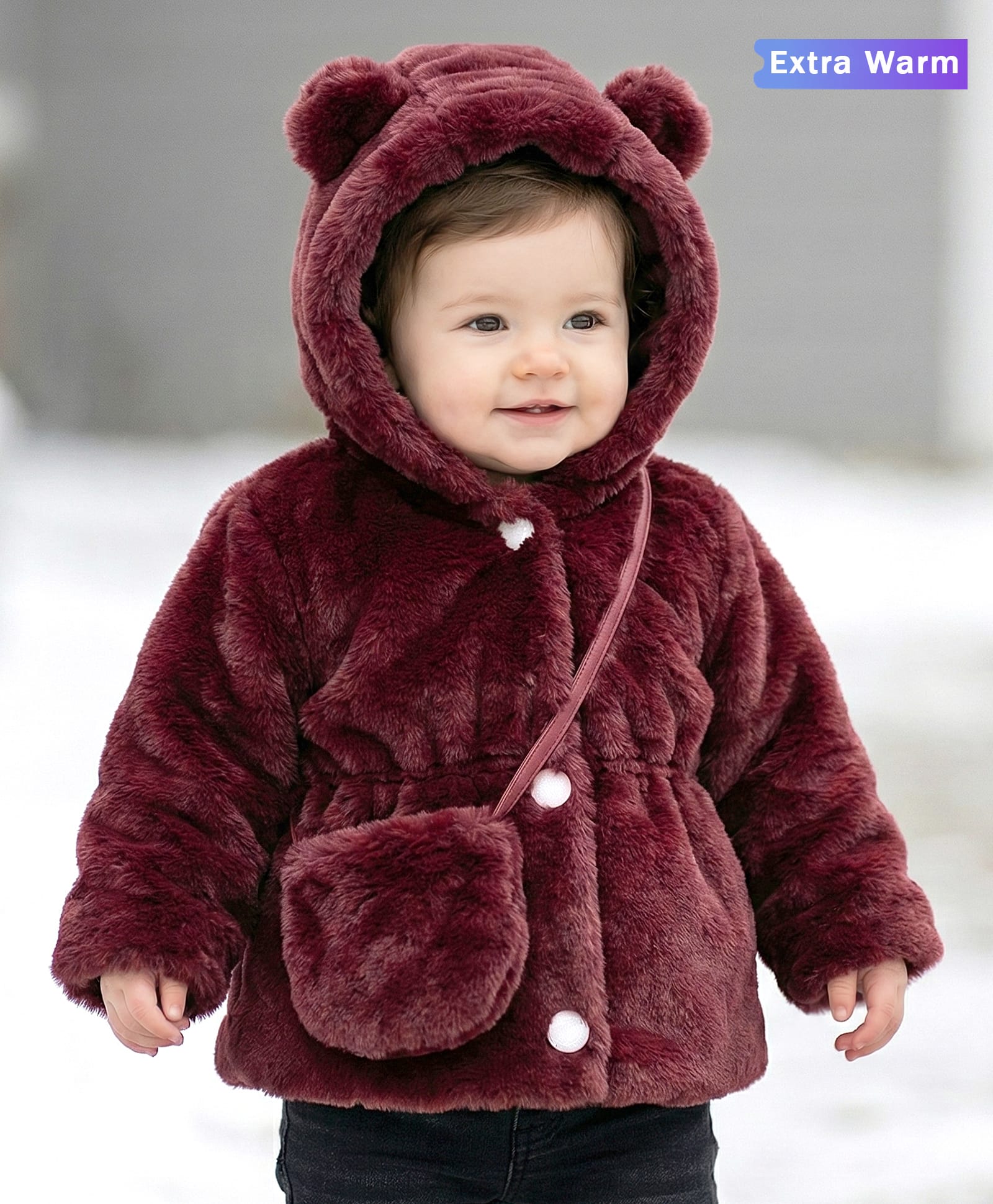 Babyoye Woven Solid Dyed Full Sleeves Hooded Winter Jacket with Ear Applique & Sling Bag - Wine-image-13