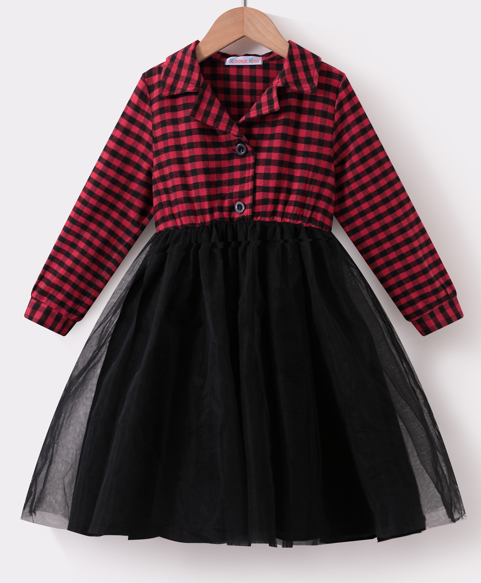 Kookie Kids Full Sleeves Party Frock With Checks - Red-image-33