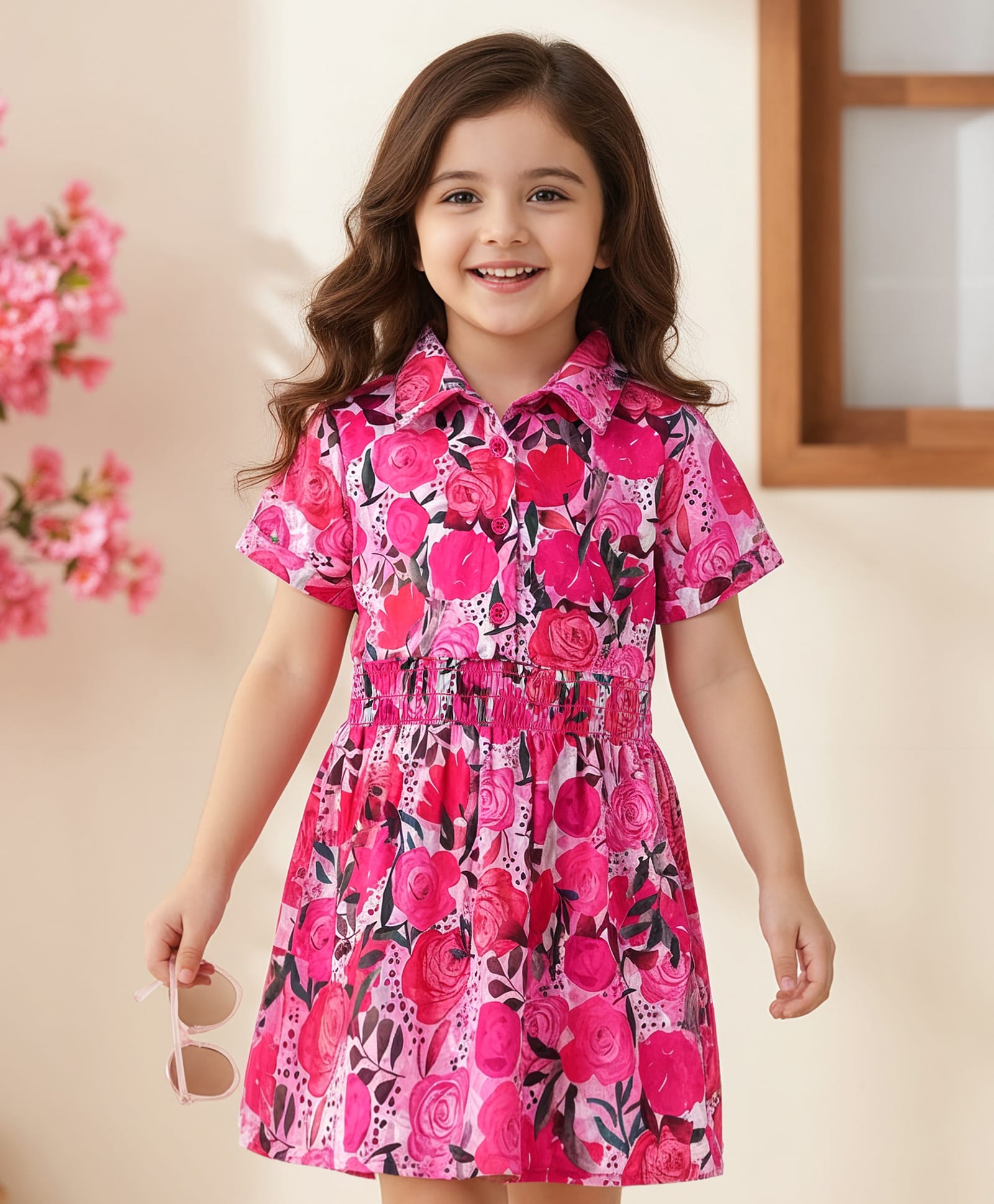 Babyhug Cotton Woven Half Sleeves Floral Printed Frock - Dark Pink-picture-27
