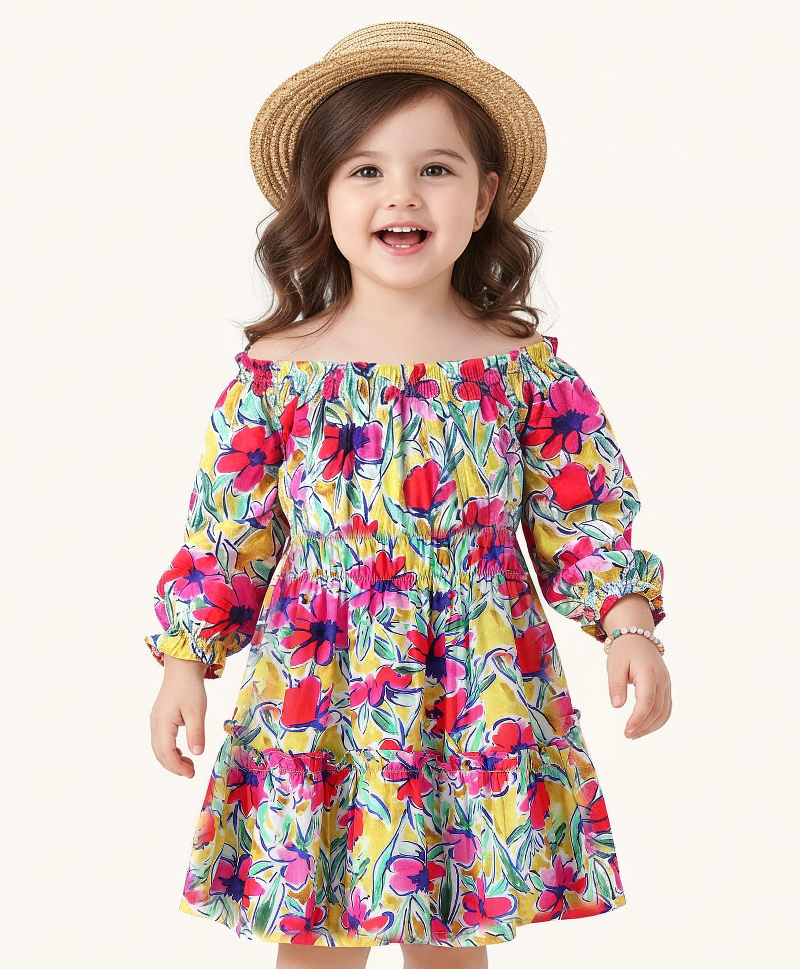 Babyhug Cotton Woven Half Sleeves Floral Printed Frock - Dark Pink White & Yellow-image-21