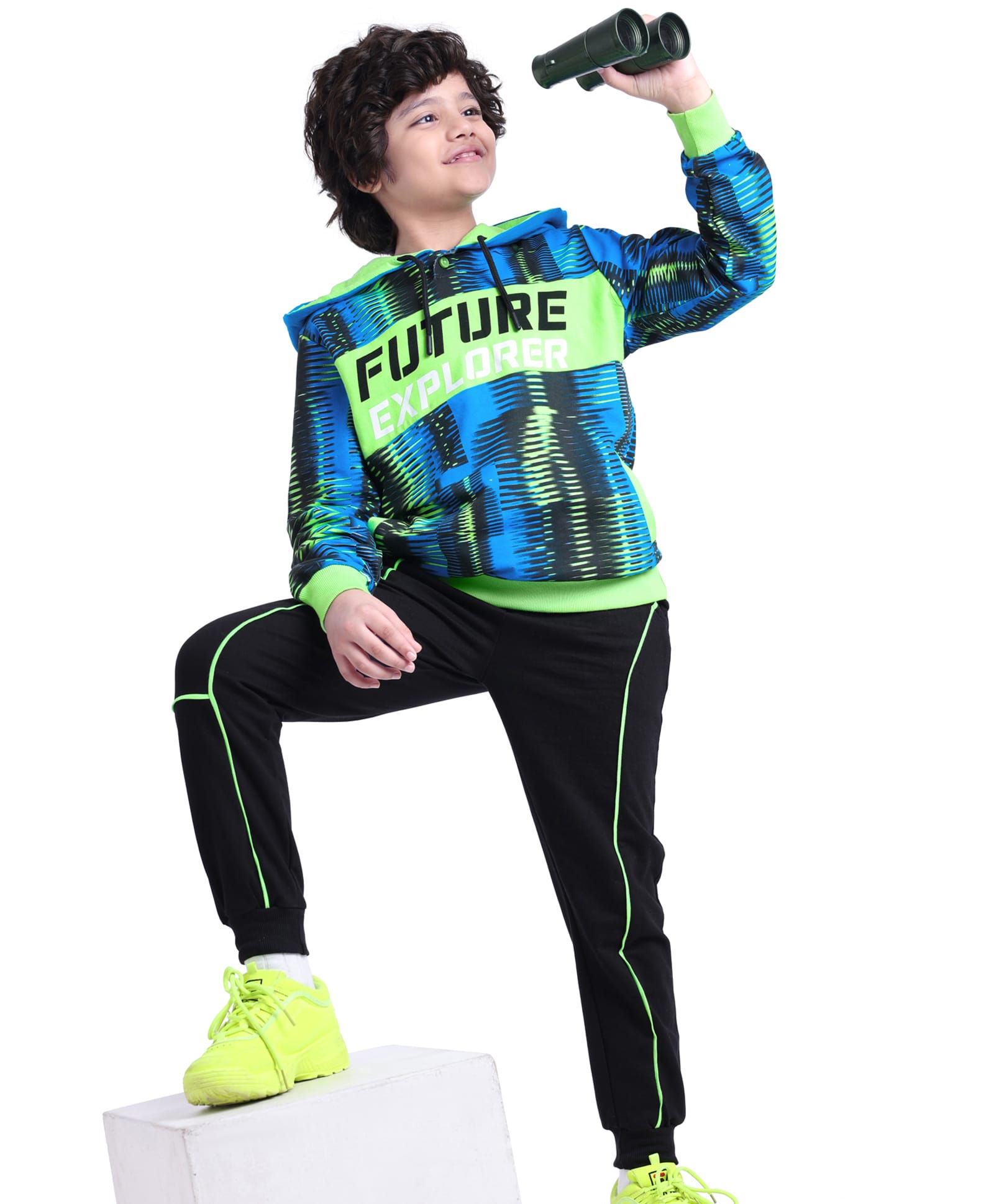 Ollington St. 100% Cotton Knit Full Sleeves Hooded Sweatshirt & Joggers Set All Over Printed - Neon Green & Black-image-8