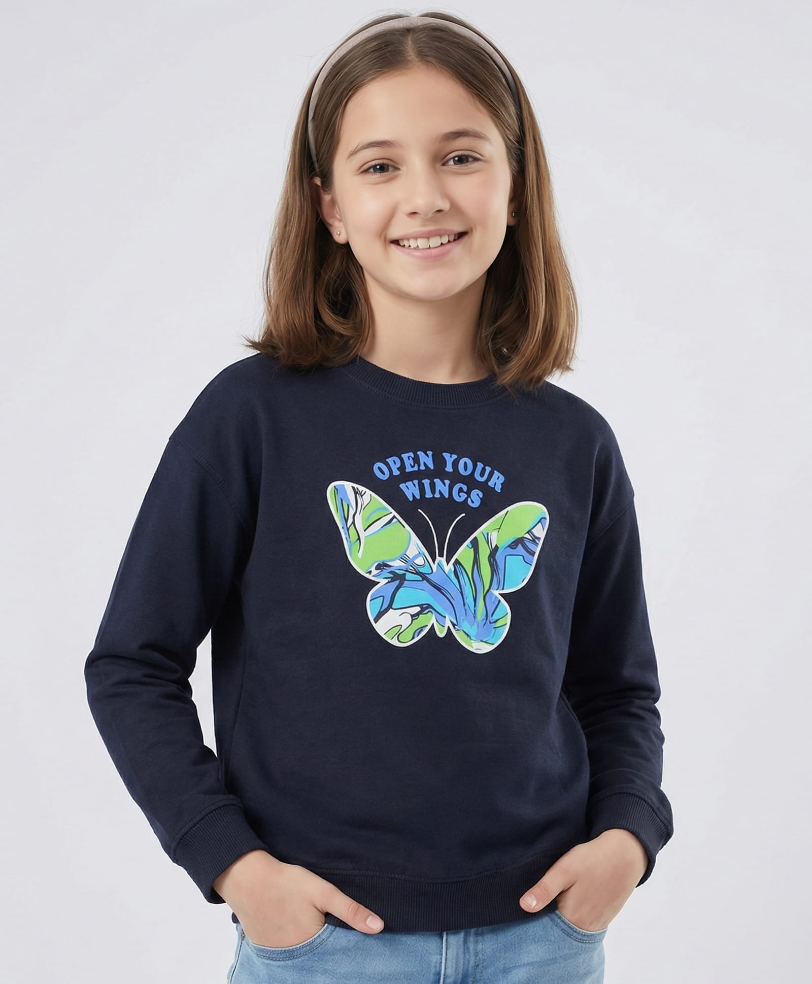 Doreme Terry Knit Full Sleeves Sweatshirt With Butterfly Print - Navy Blue-picture-24