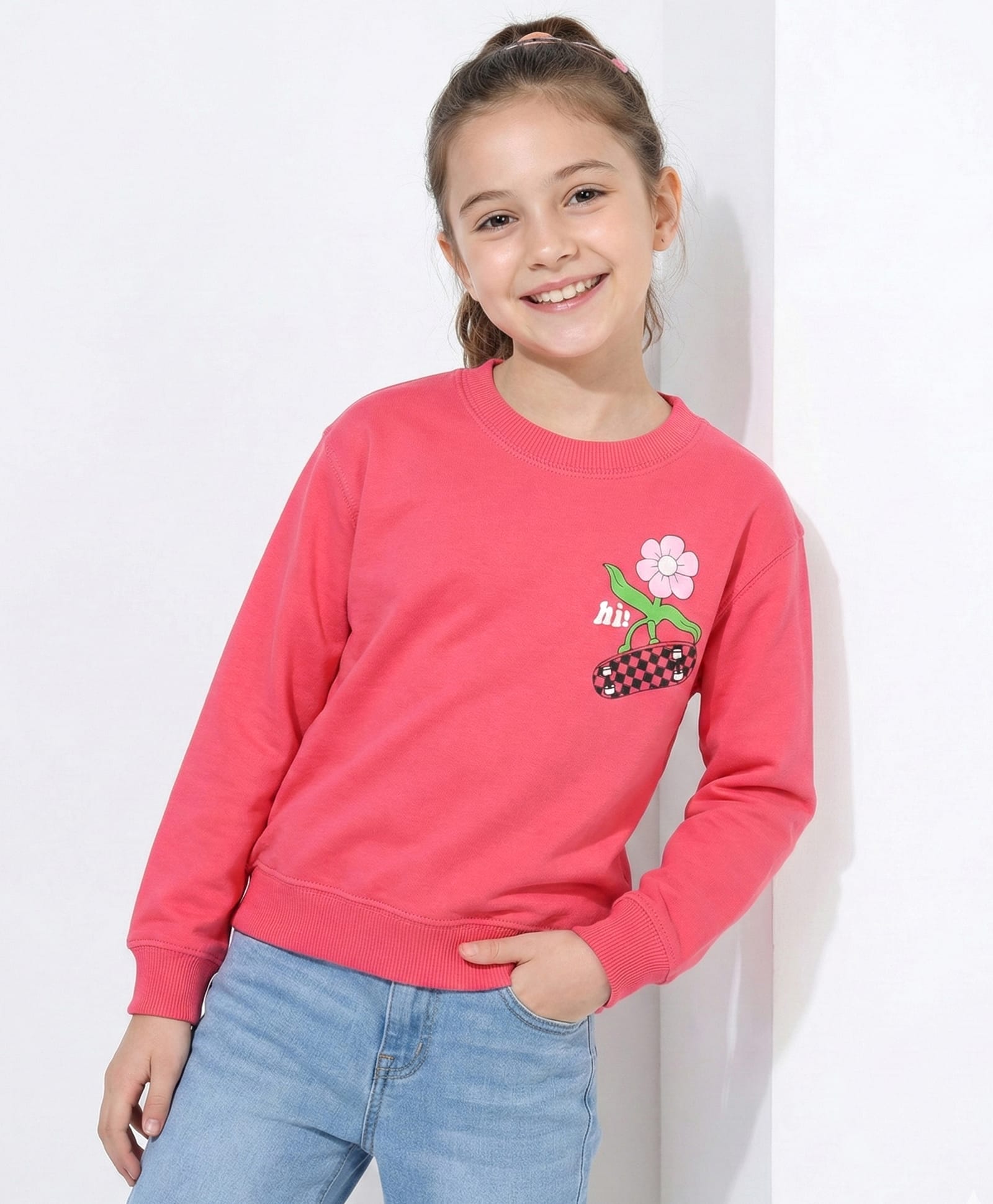 Doreme Terry Knit Full Sleeves Sweatshirt With Front & Back Floral Print - Dark Pink-picture-15