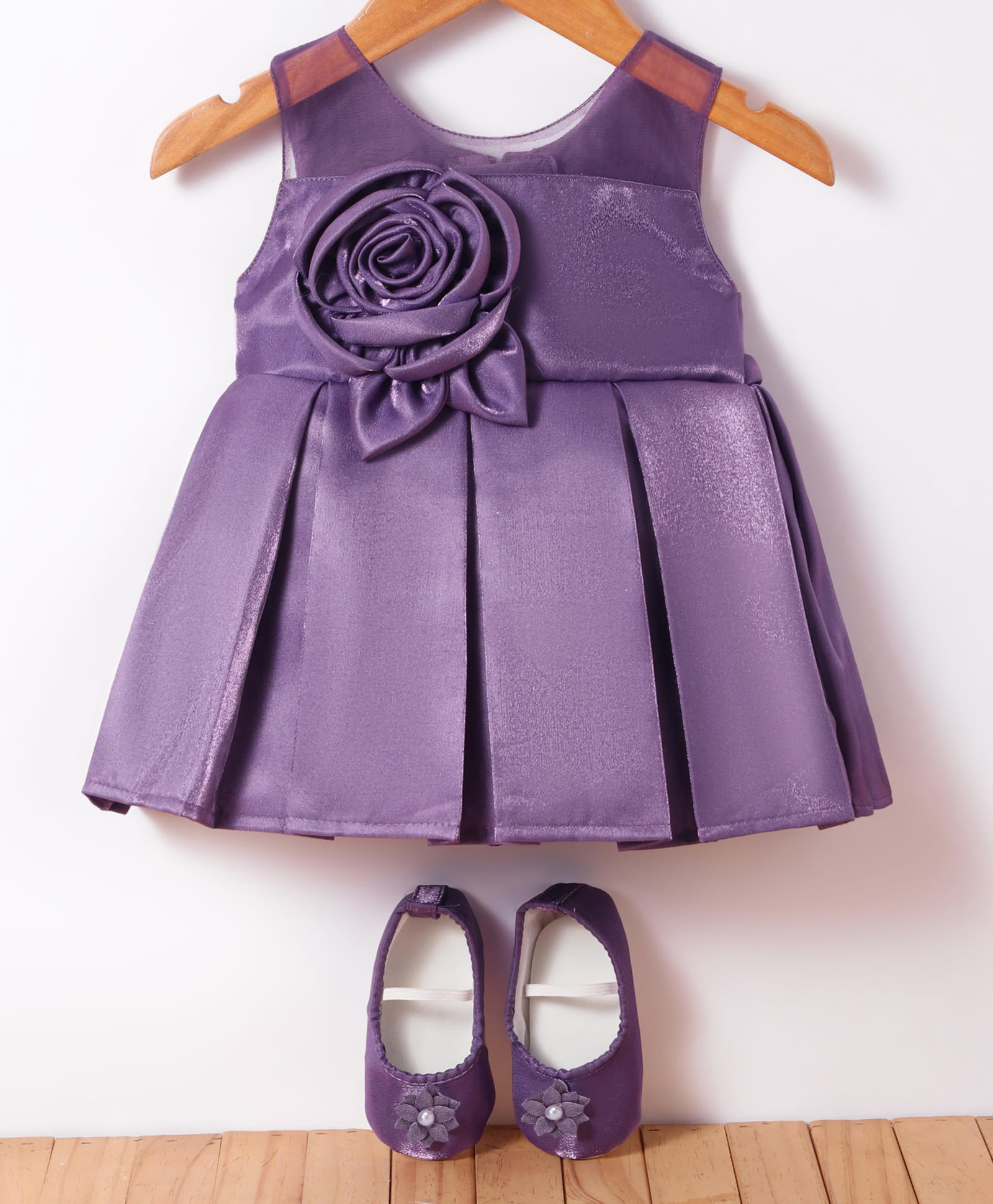 Bluebell Satin Woven Sleeveless Party Frock with Pair of Booties & Floral Applique - Lilac-image-39