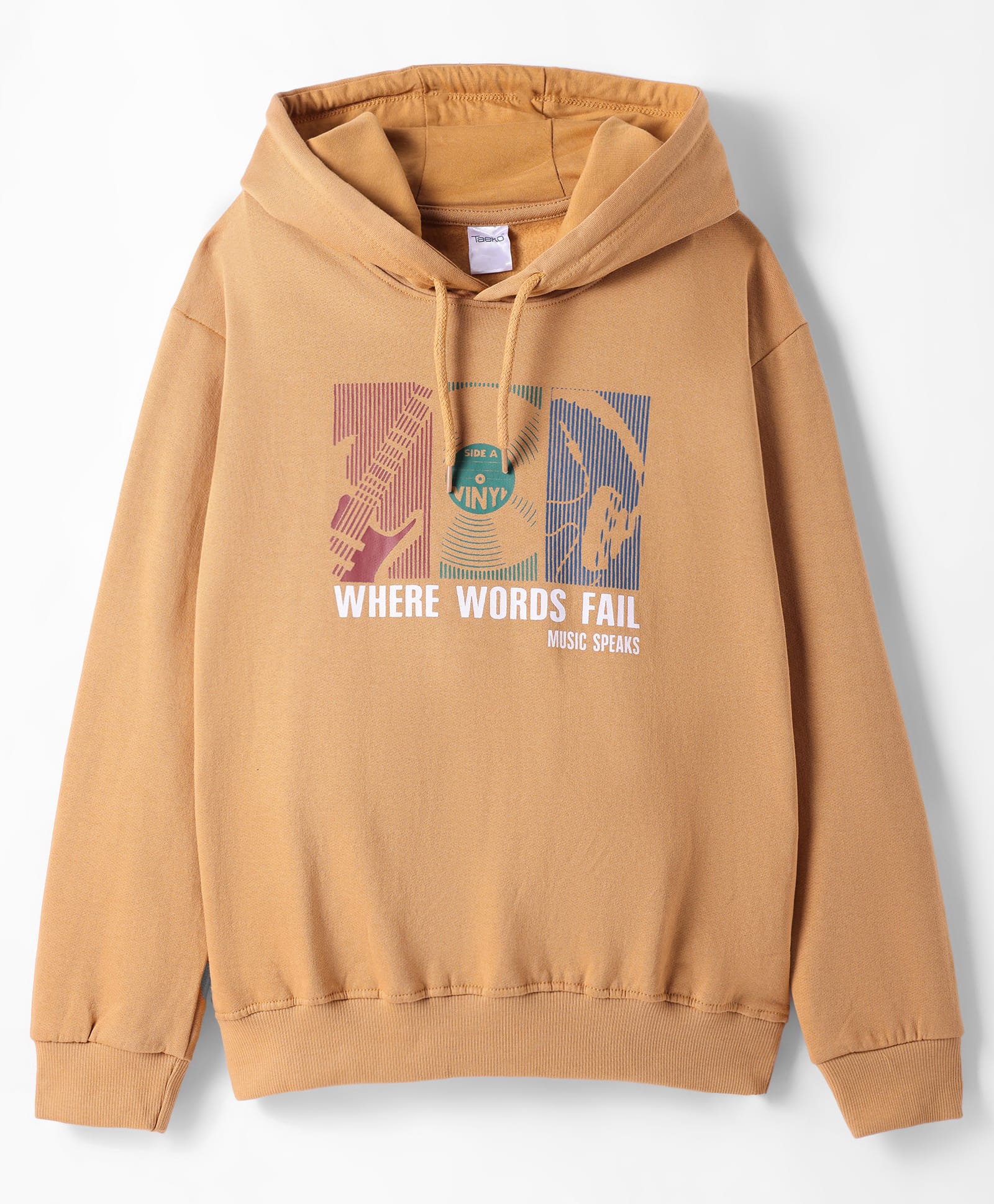 Taeko Fleece Knit Full Sleeves Hooded Sweatshirt with Text Print - Tan-image-2