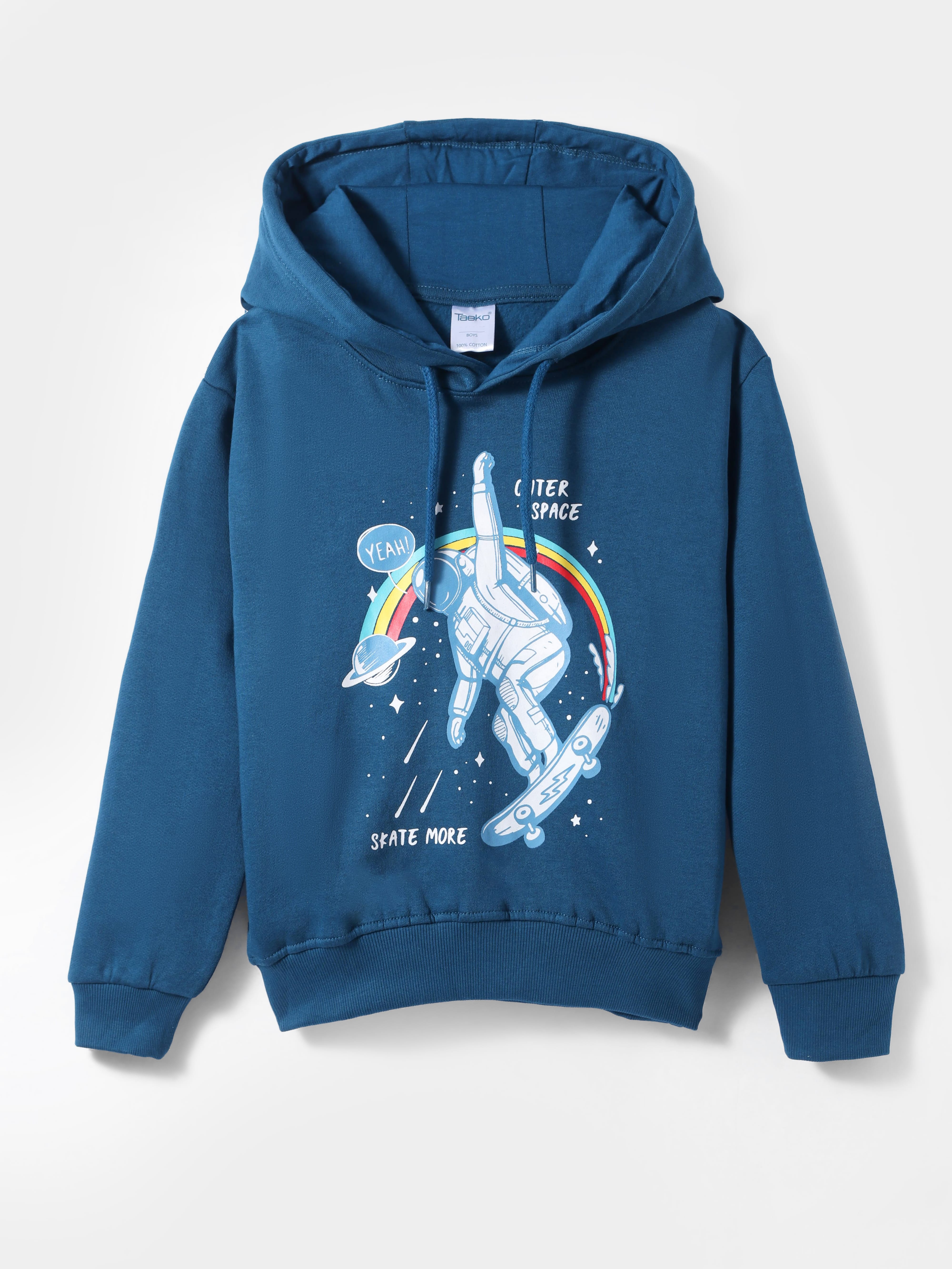 Taeko Fleece Knit Full Sleeves Hooded Sweatshirt with Skate More Print - Teal Blue-picture-21