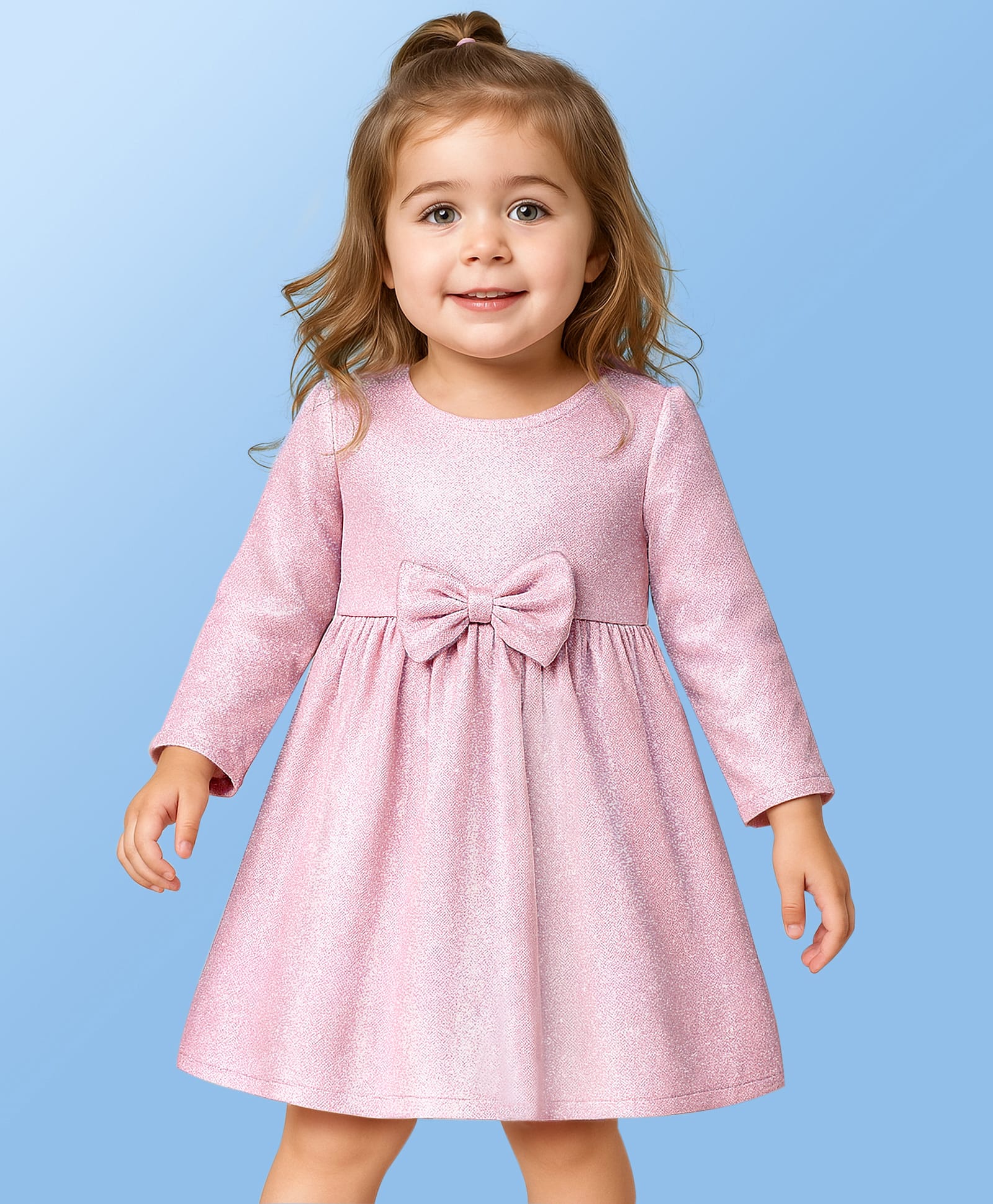 Babyoye Woven Full Sleeves Shimmer Party Frock with Bow Applique - Baby Pink-image-49