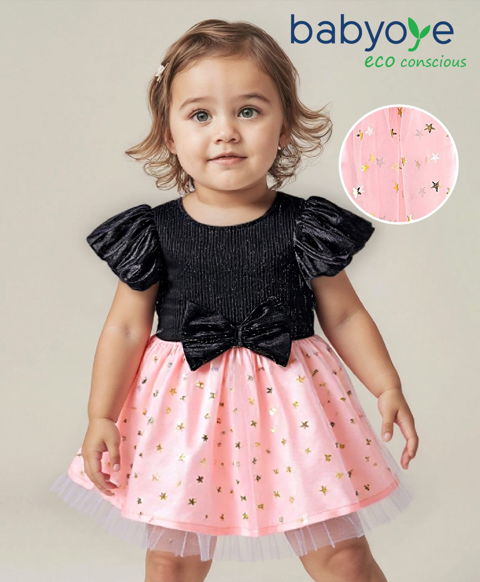 BabyoyeWoven Puffed Sleeves Party Frock with Star Foil Print & Bow Applique - Black & Pink-image-20