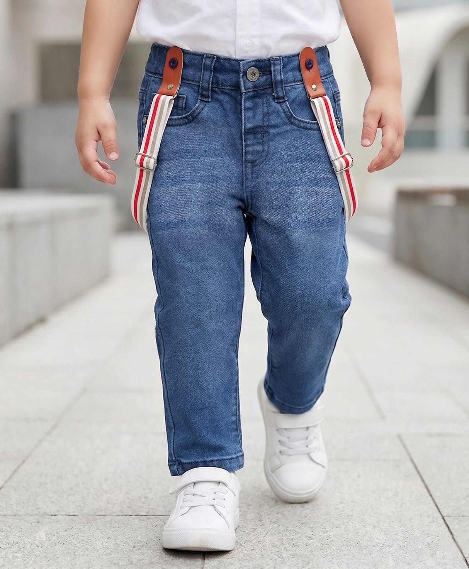Babyhug Denim Full Length Washed Jeans With Stretch And Suspender - Blue-picture-18