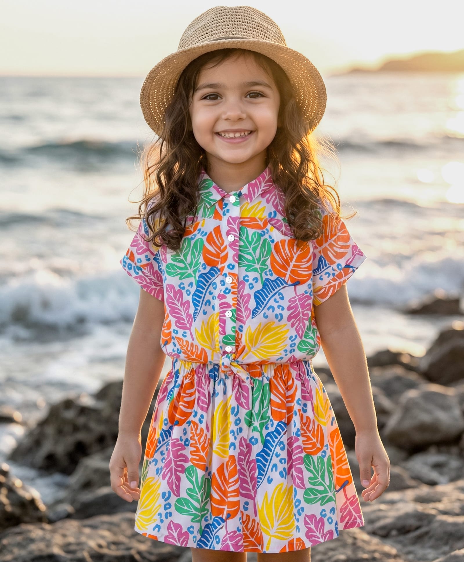 Babyhug Rayon Woven Half Sleeves Mandarin Collared Top & Skirt with Floral Print - White Pink & Yellow-picture-19