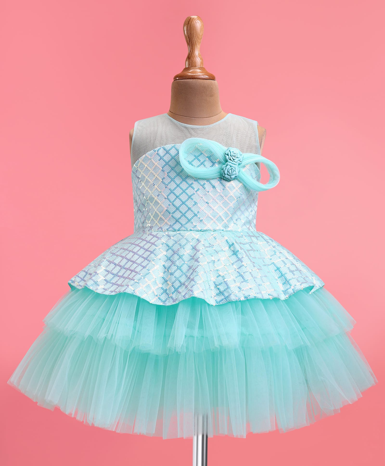 Bluebell Net Woven Sleeveless Sequinned Layered Party Frock with Bow Applique - Sea Green-image-33