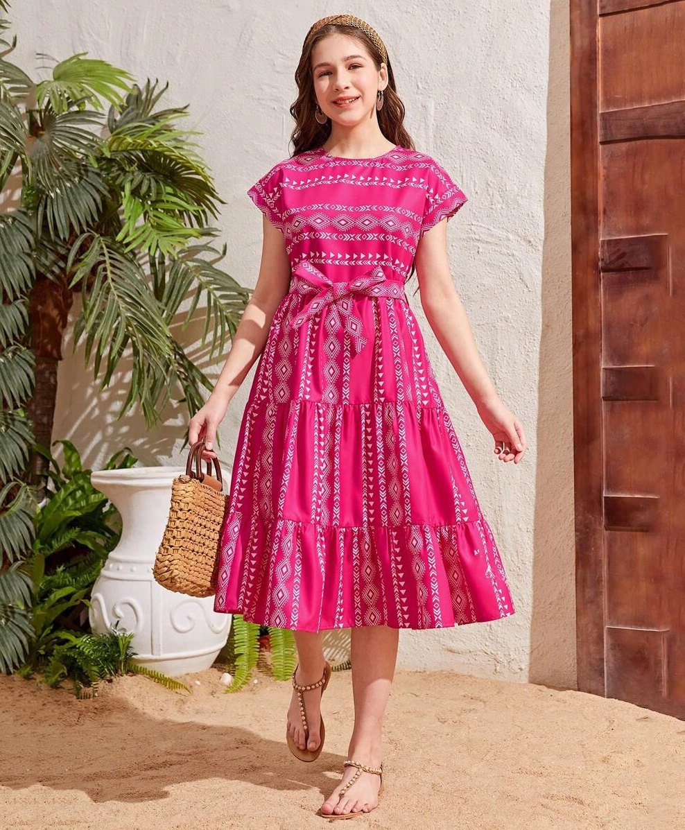 Bolly Lounge Half Sleeves Abstract Printed Layered Dress - Pink-image-33