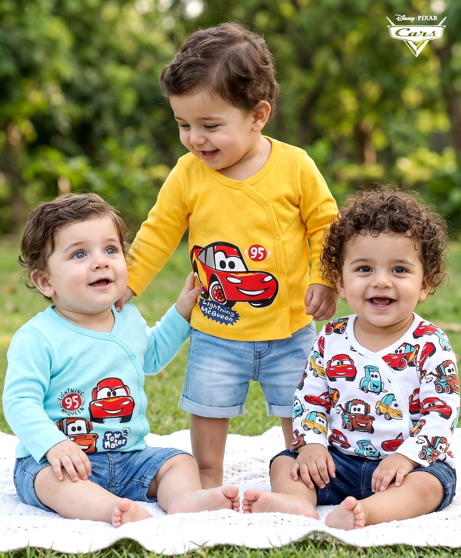 Babyhug Disney Interlock Knit Full Sleeves Jhablas with Cars Graphics Pack of 3 - Blue Yellow & White-image-32