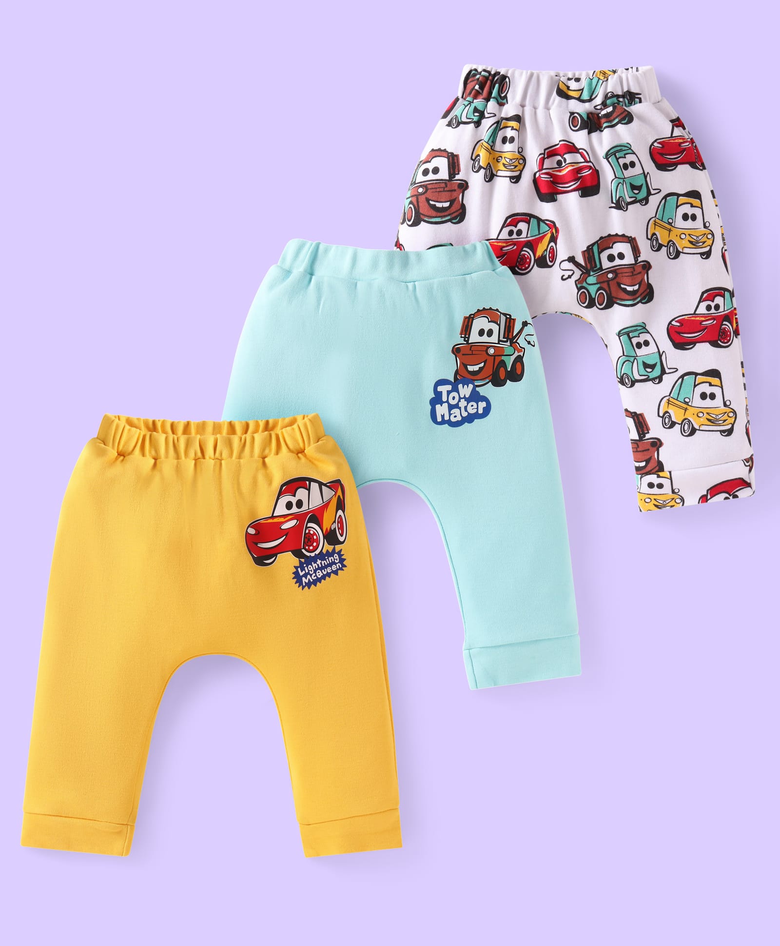 Babyhug Disney Interlock Knit Full Length Diaper Leggings withCar Graphics Pack of 3 - Blue Yellow & White