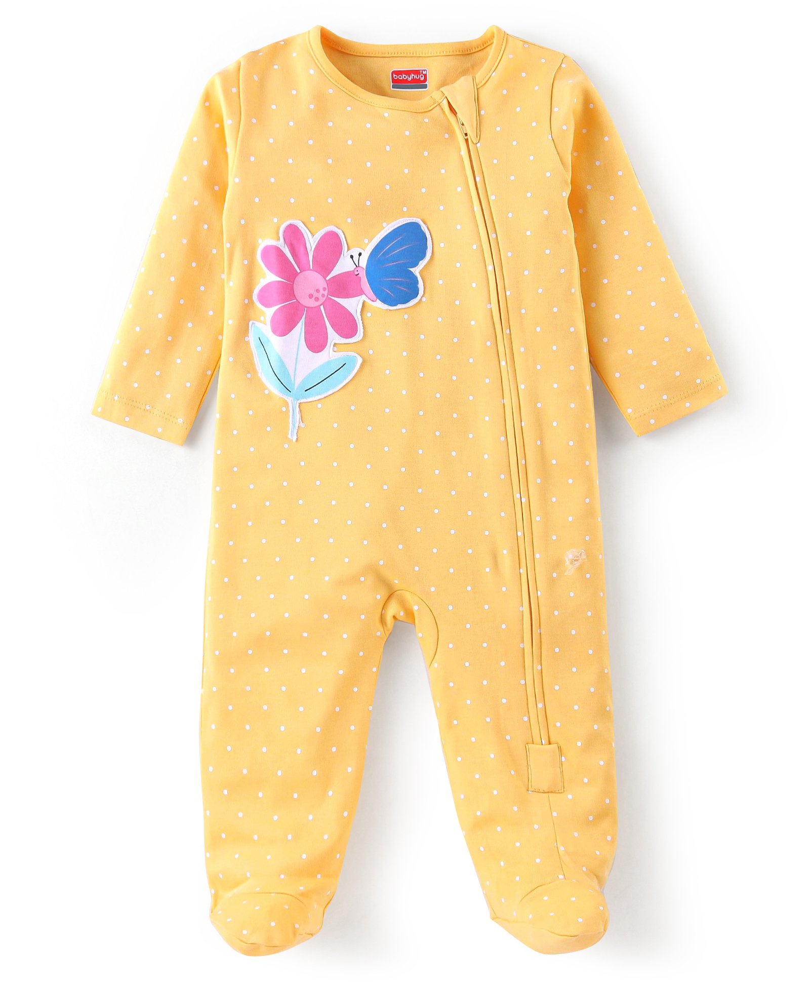 Babyhug Cotton Knit Full Sleeves Sleep Suit With Polka Dots Print & Floral Applique - Mustard-image-22