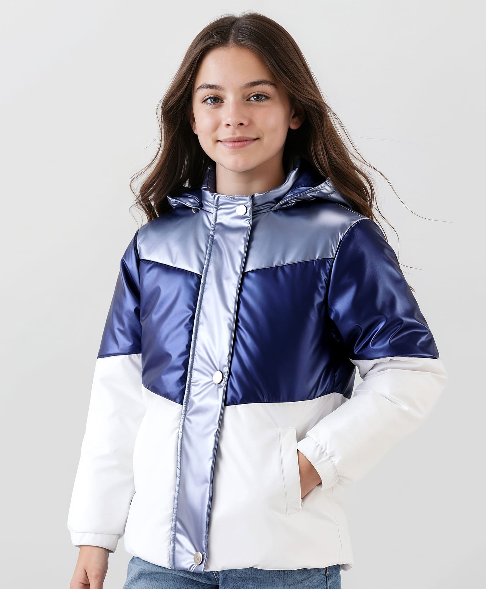 Pine Kids Woven Full Sleeves Padded Jacket with Detachable Hood - Navy Blue & White-picture-21
