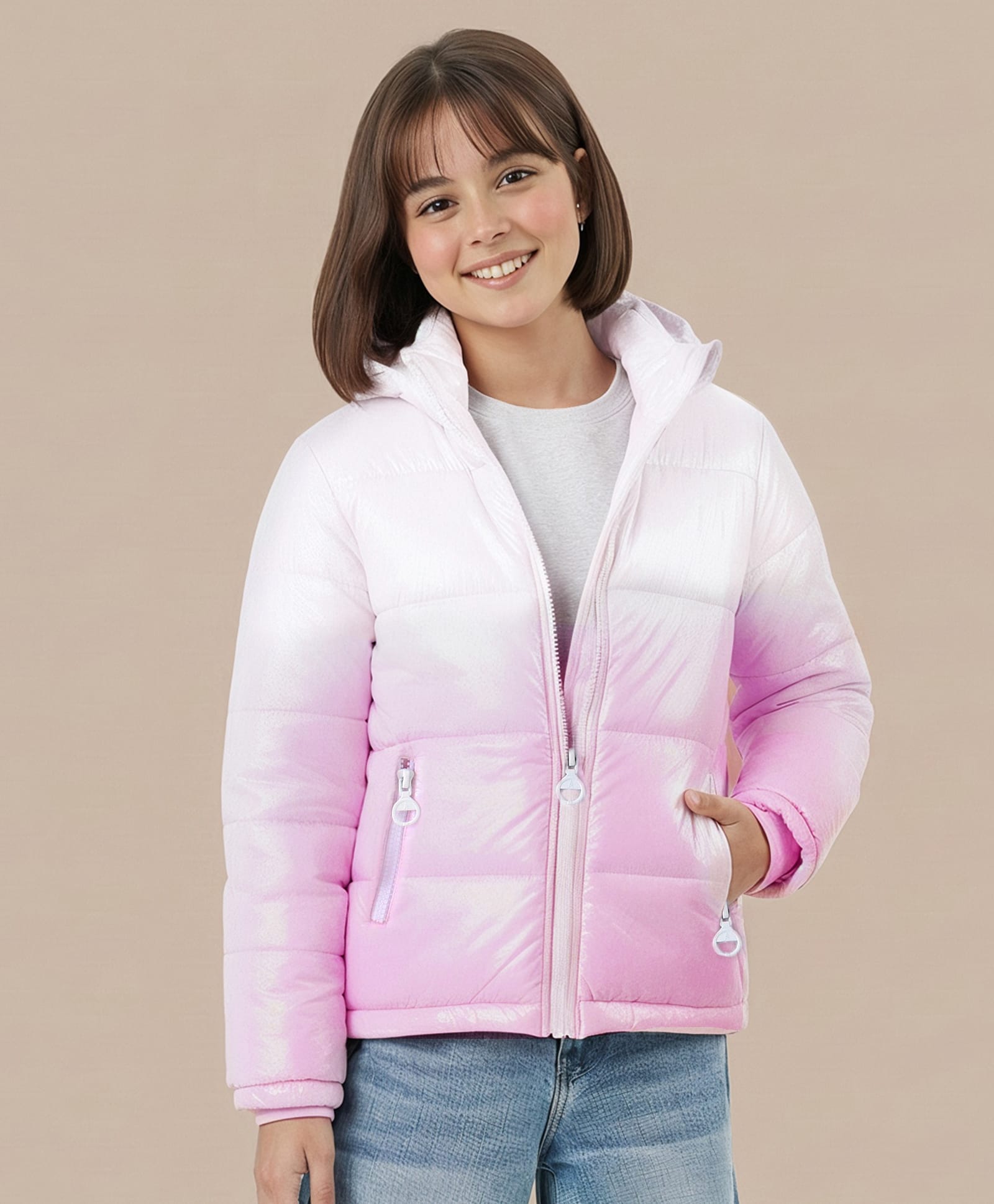 Pine Kids Woven Full Sleeves Front Open Padded Hooded Jacket with Ombre Design - White-picture-24