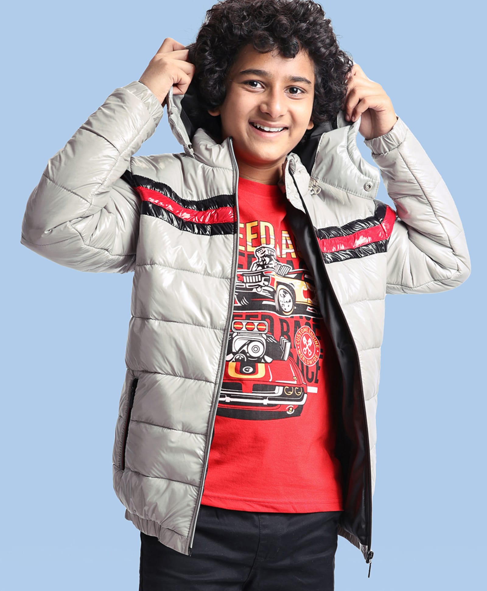Pine Kids Woven Full Sleeves Padded Winter Jacket with Detachable Hood & Pockets - Light Grey-picture-16
